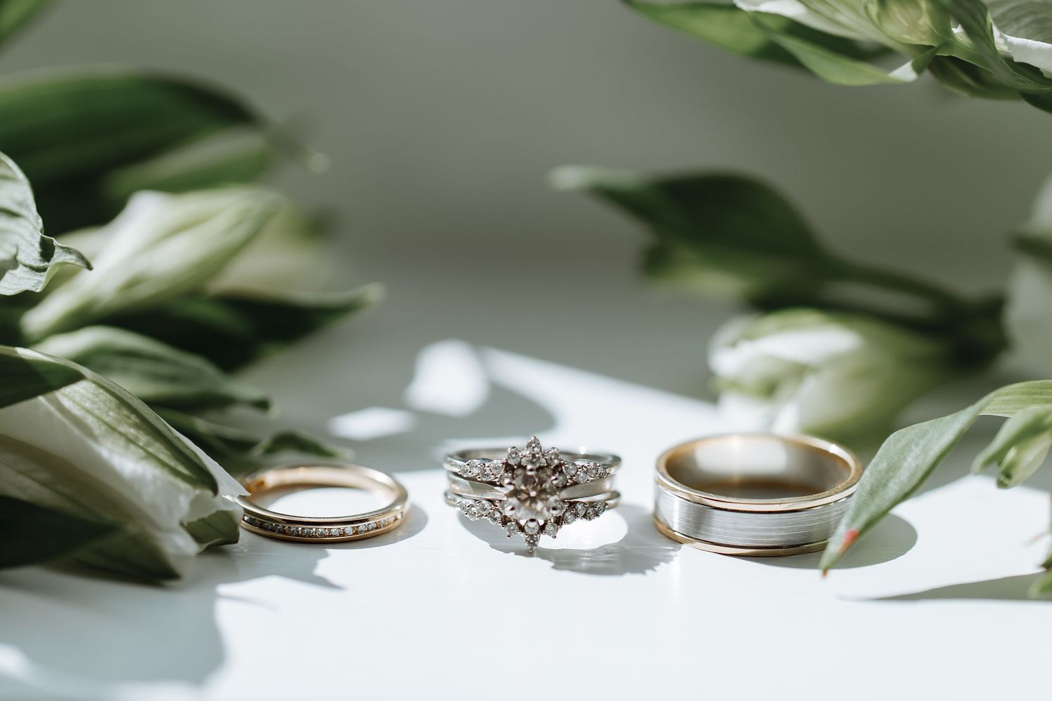 Elegant wedding rings and jewelry arranged with green leaves in soft lighting.