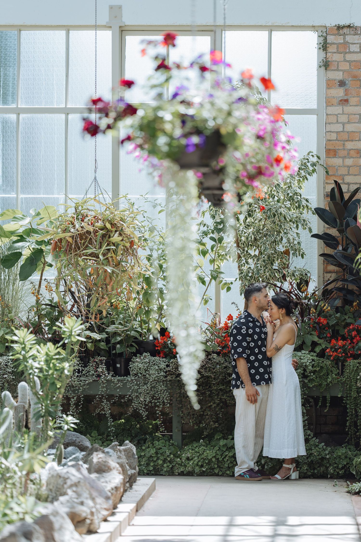 Elegant couple embracing in sunlit greenhouse with hanging flower baskets and brick walls.