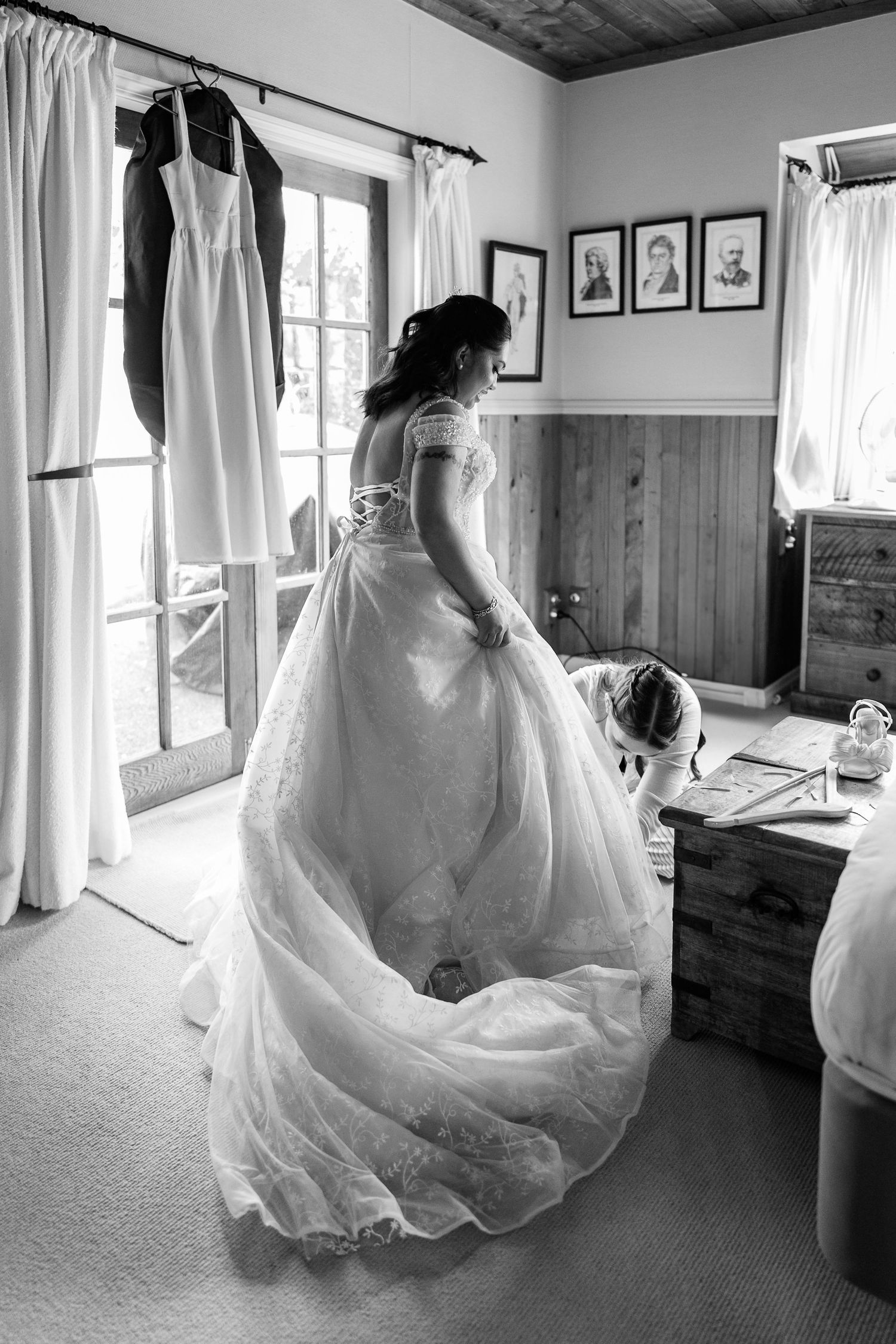 Series of black and white photos showing flowing wedding dress movement in a sunlit room.