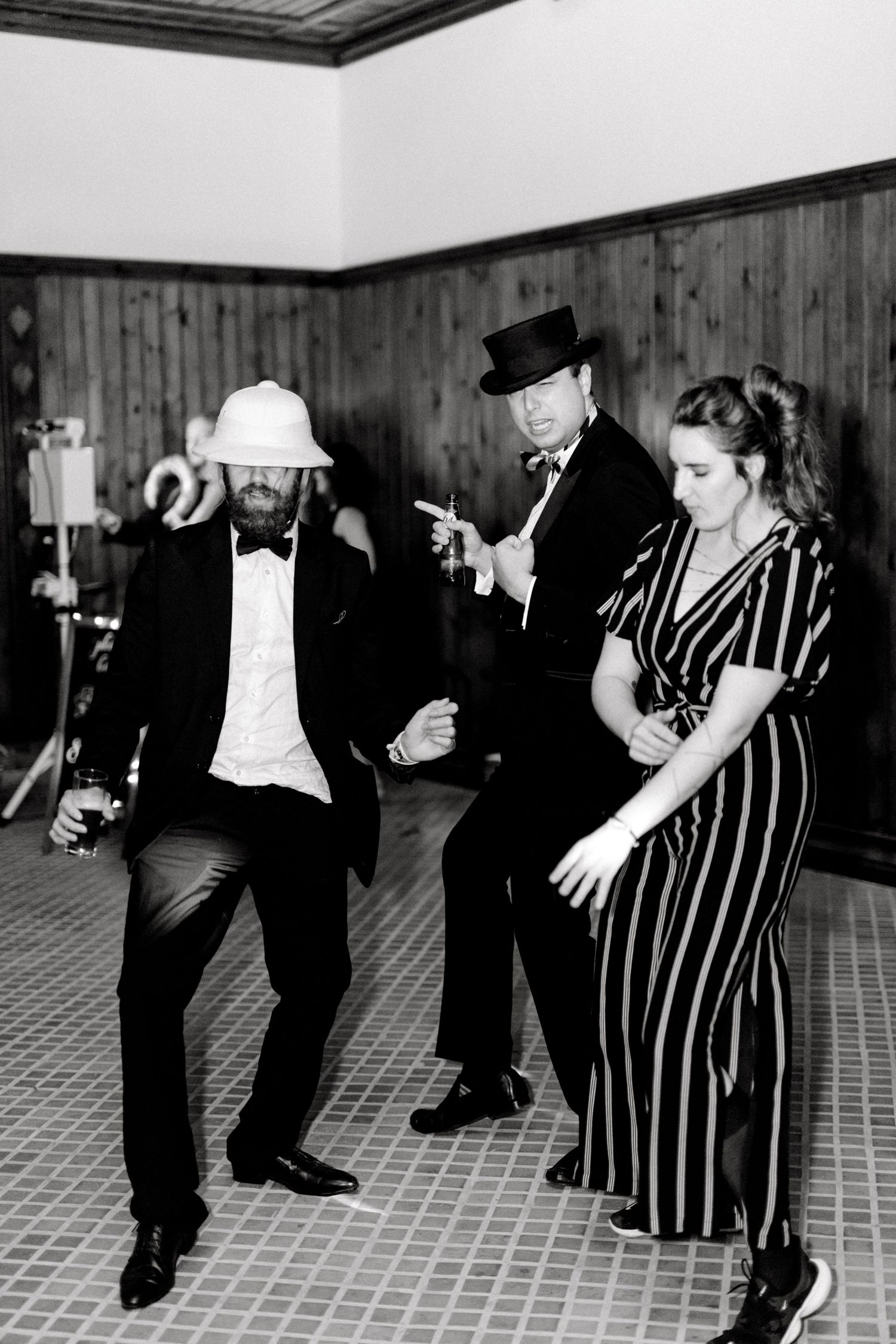Guests dancing and celebrating at lively  wedding reception in France