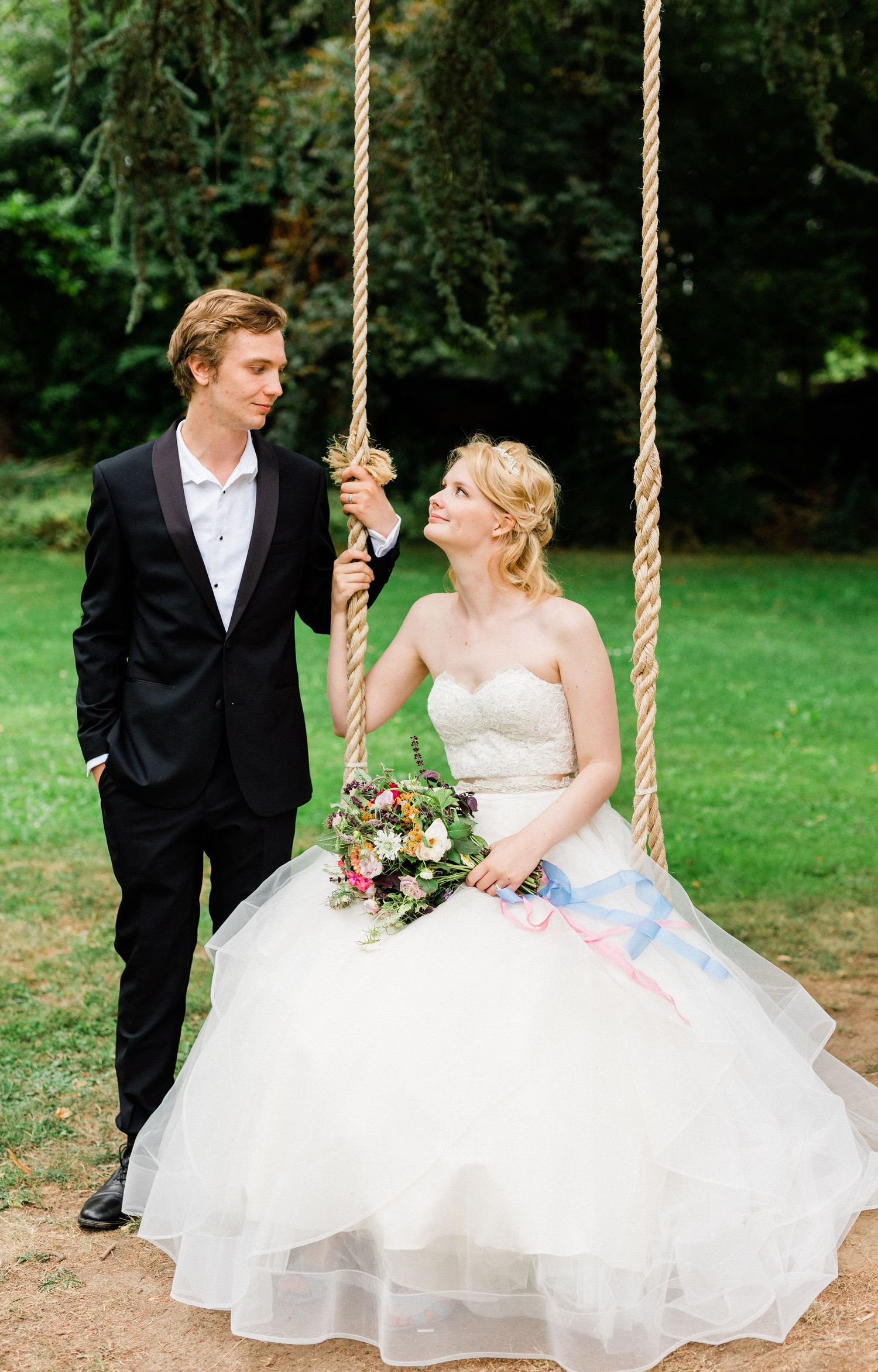 Elegant bride and groom portrait in a chateau in France