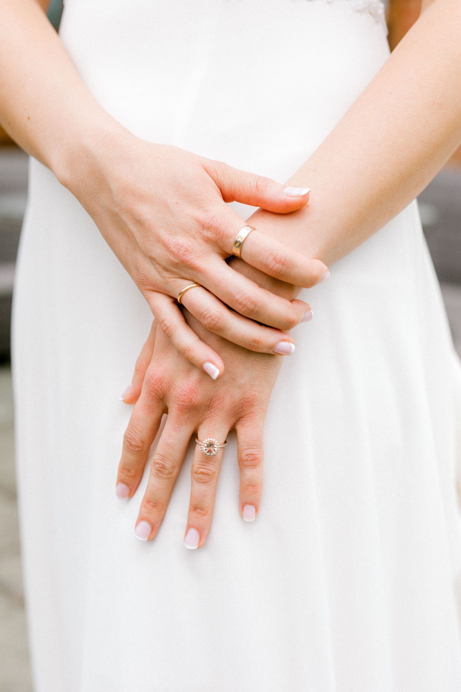 Elegant detail shot of diamond ring on bride’s finger at London wedding