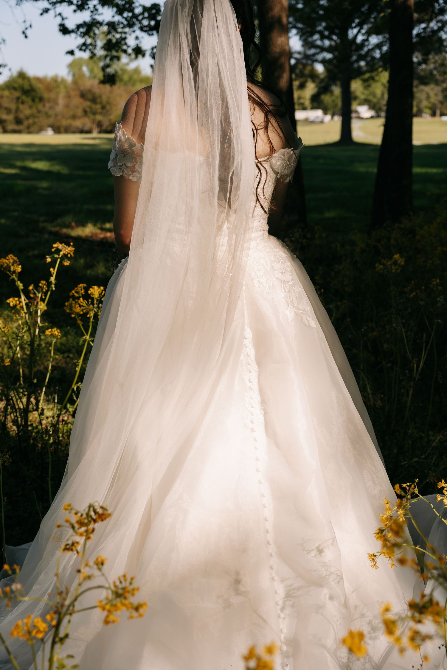 Bride in a white lace ball gown with a long veil stands in a sunlit garden surrounded by wildflowers.