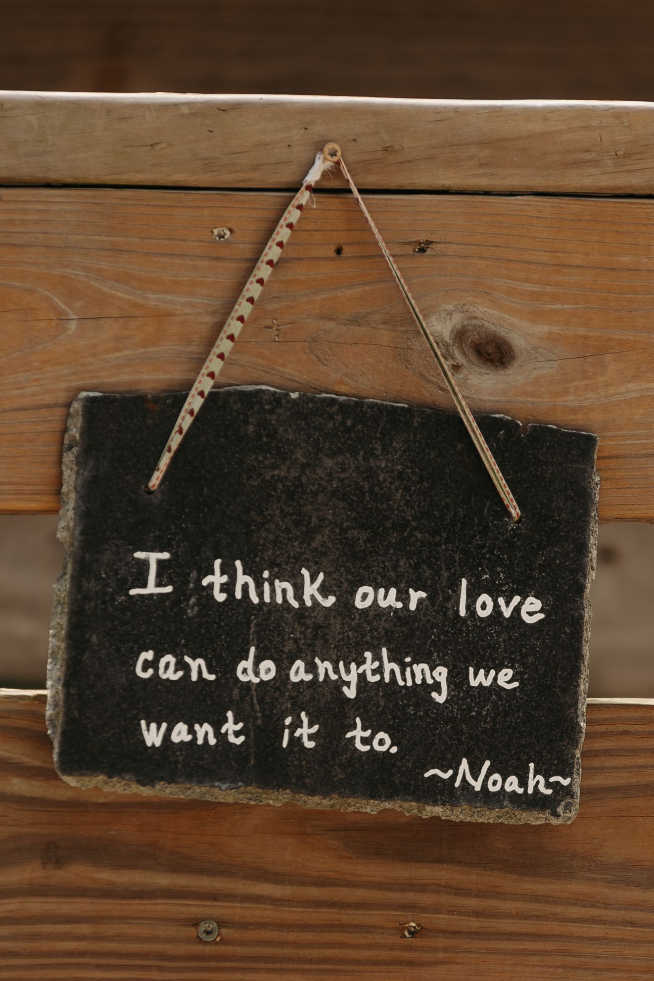 Rustic slate sign hanging on wood with Noah quote: I think our love can do anything we want it to.
