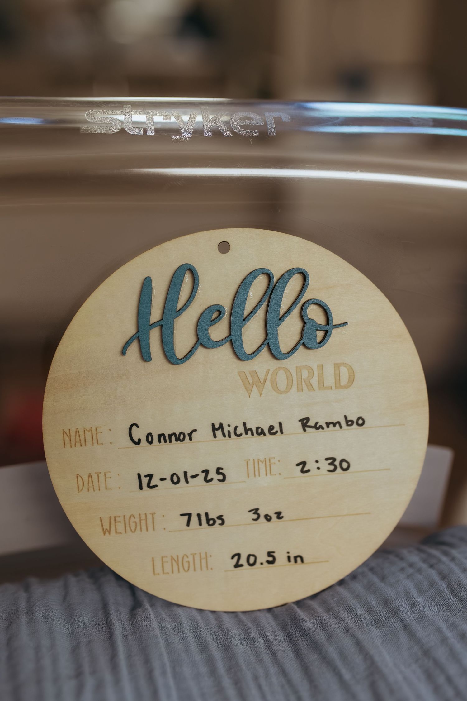 Hello World wooden birth announcement sign for Connor Michael Rambo, born 12-01-25, 7lbs 3oz, 20.5 inches.