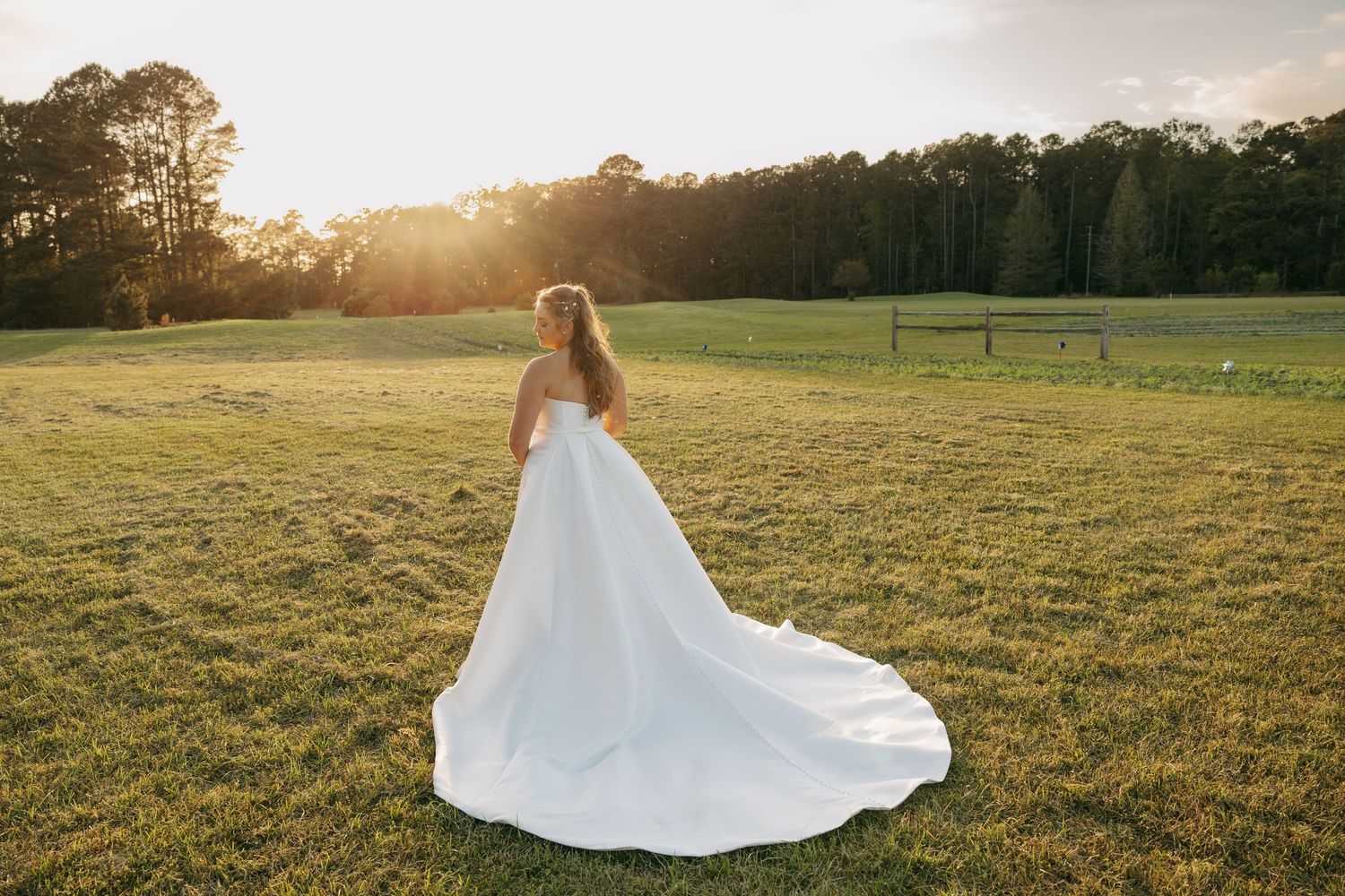 Bride in a flowing white wedding gown stands in a sunlit green field at golden hour with trees in the background.