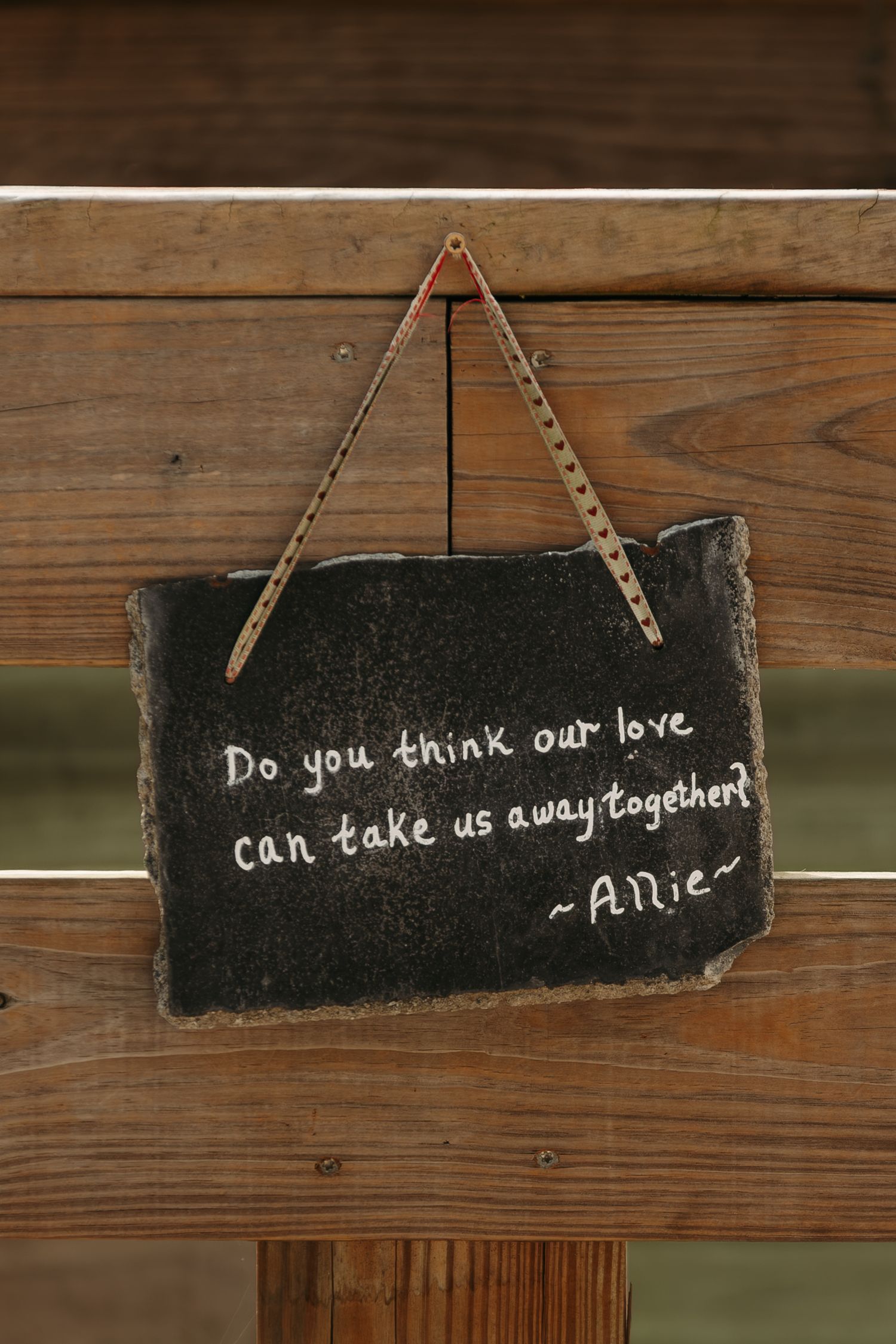 Rustic slate chalkboard sign hanging on wood with Anie quote: Do you think our love can take us away together.