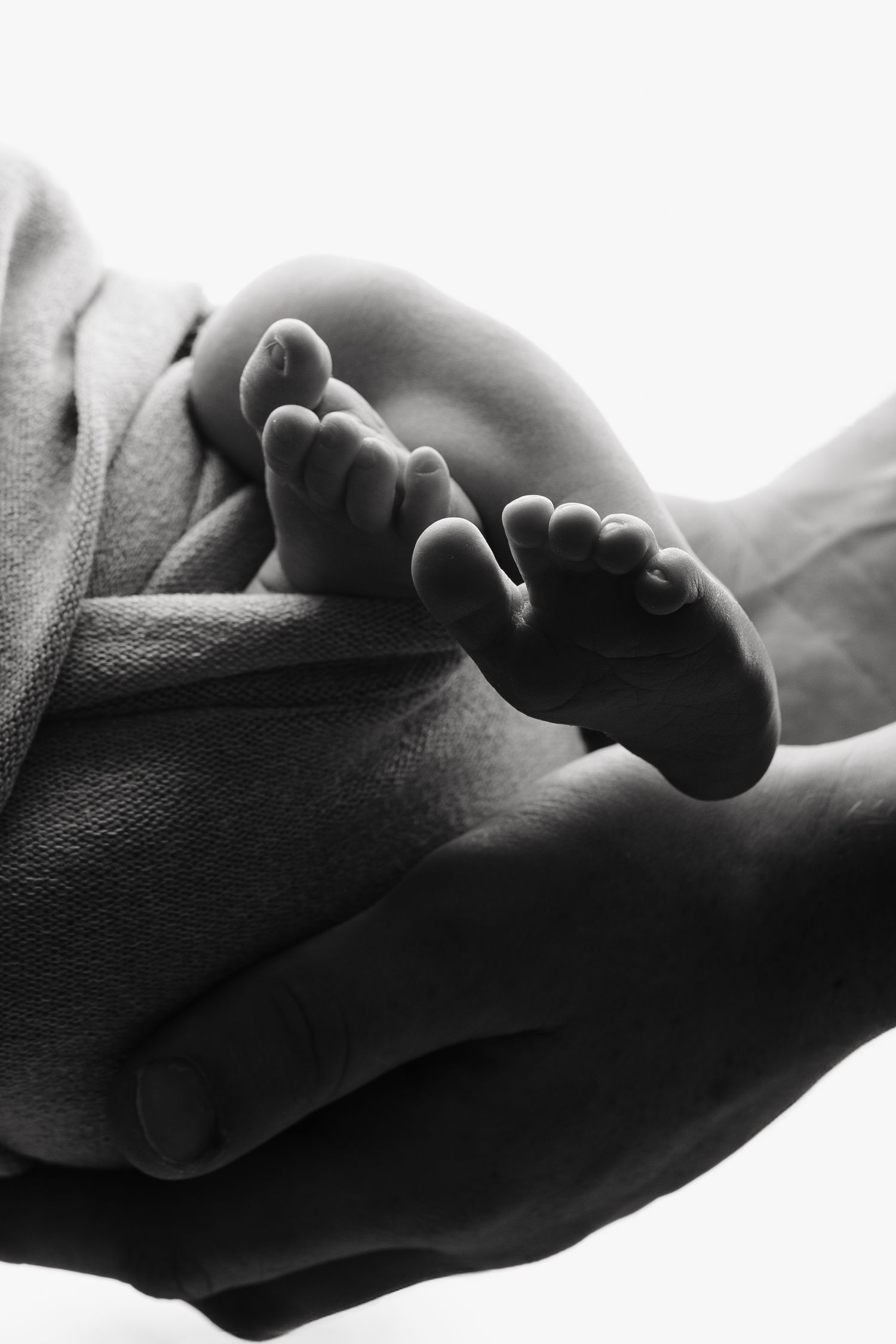 Black and white close-up of a newborn baby's tiny feet cradled gently in an adult's hands.