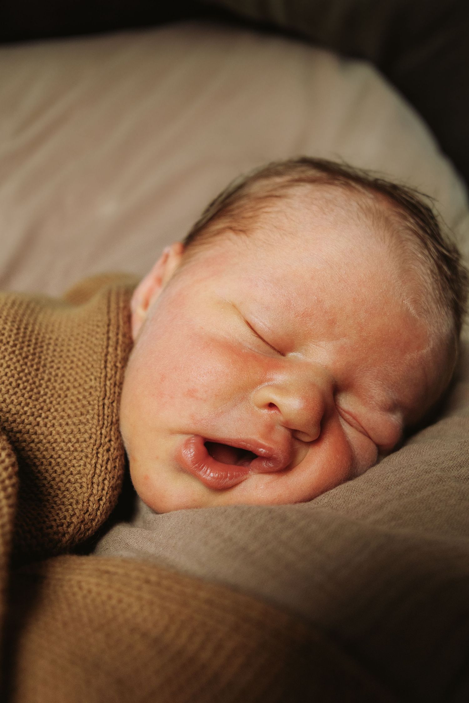 A series of close-up portraits showing a sleeping newborn baby wrapped in a brown knit blanket.