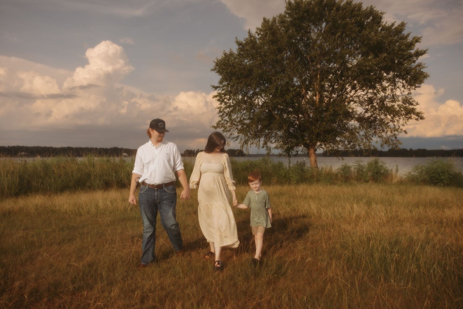 A family walks hand in hand through a golden field at sunset with a lone tree and cloudy sky in the background.