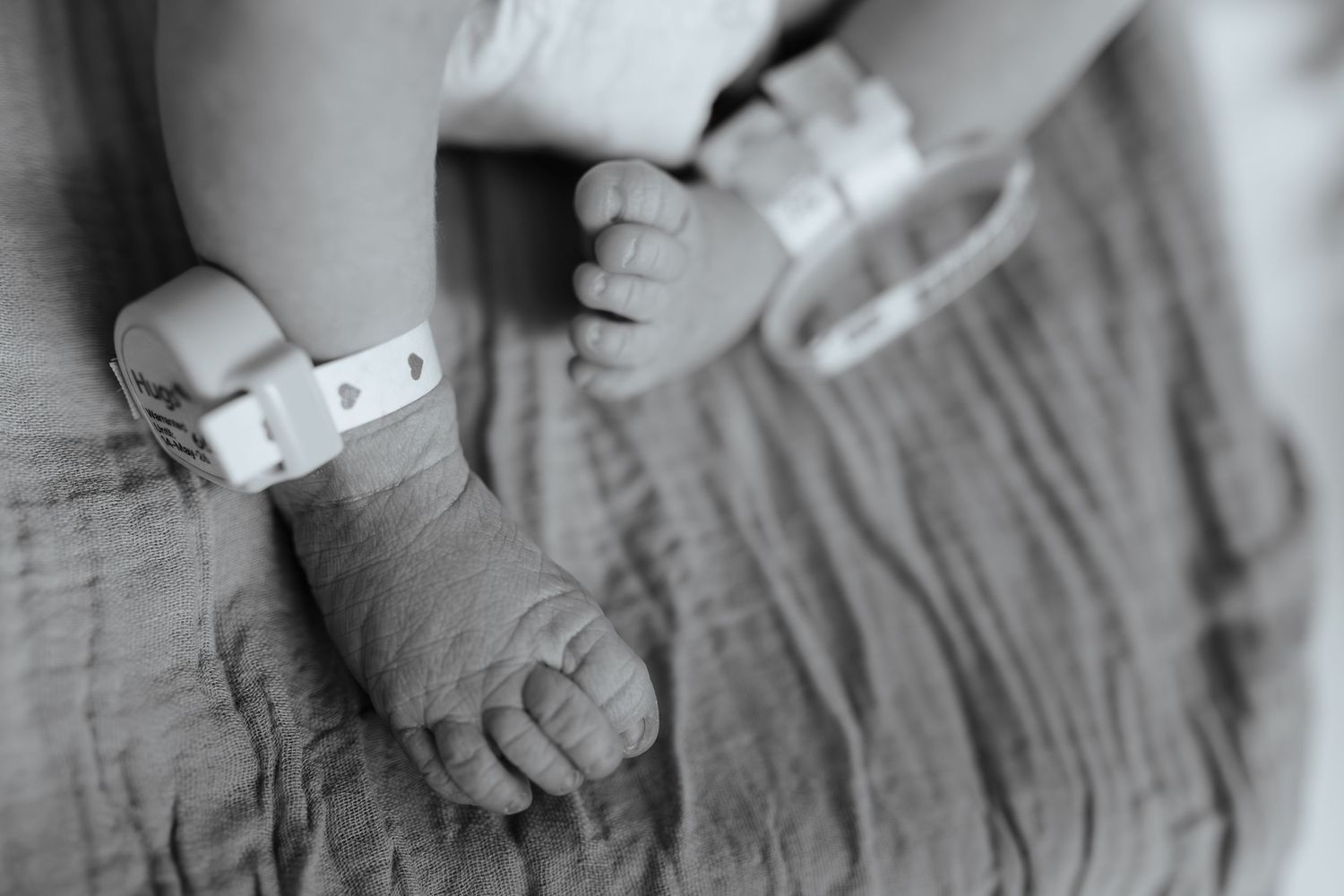 Black and white photo of newborn baby feet with hospital ID bracelets on soft fabric blanket.