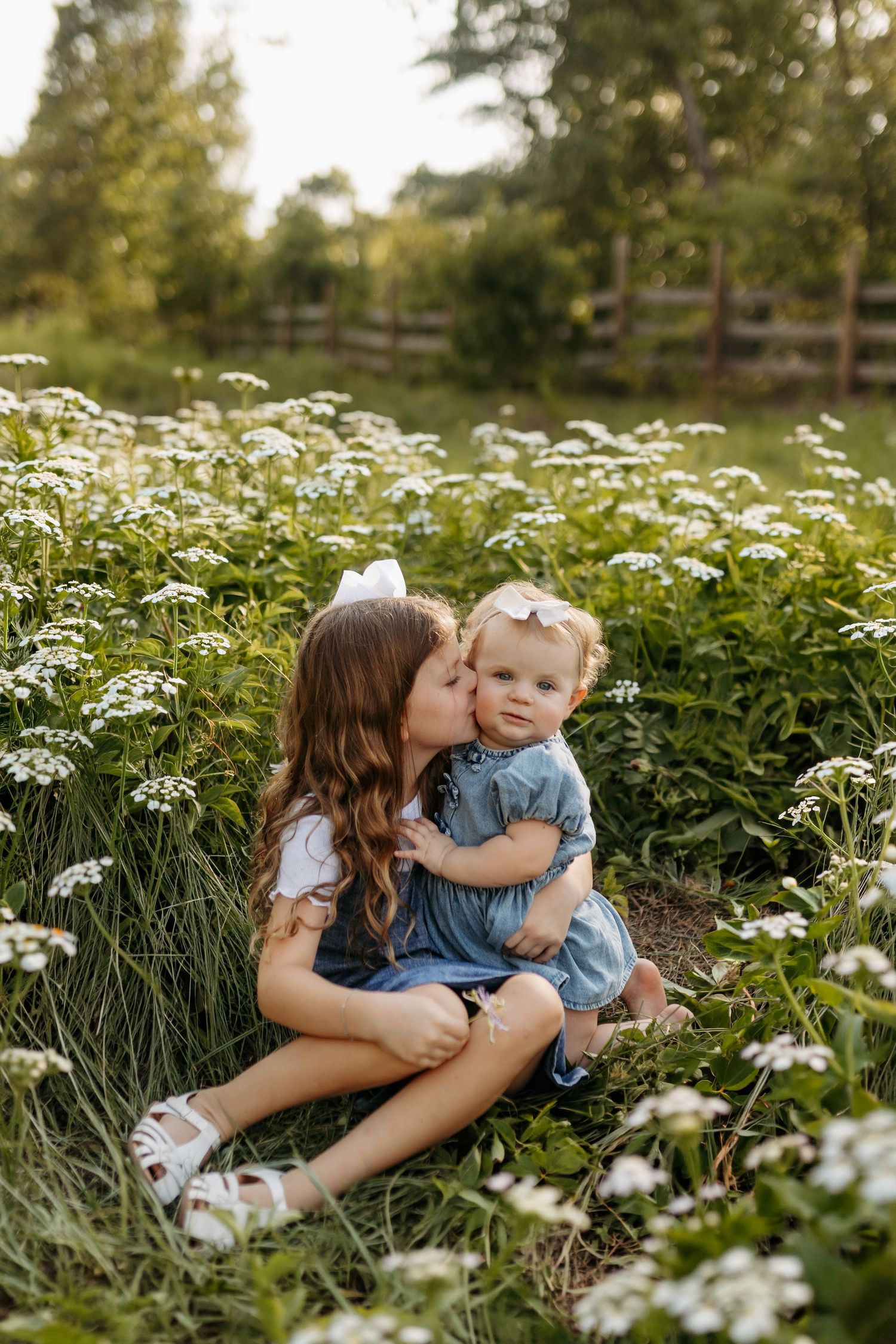 Older girl kissing baby sister on cheek while sitting in a field of white wildflowers outdoors.