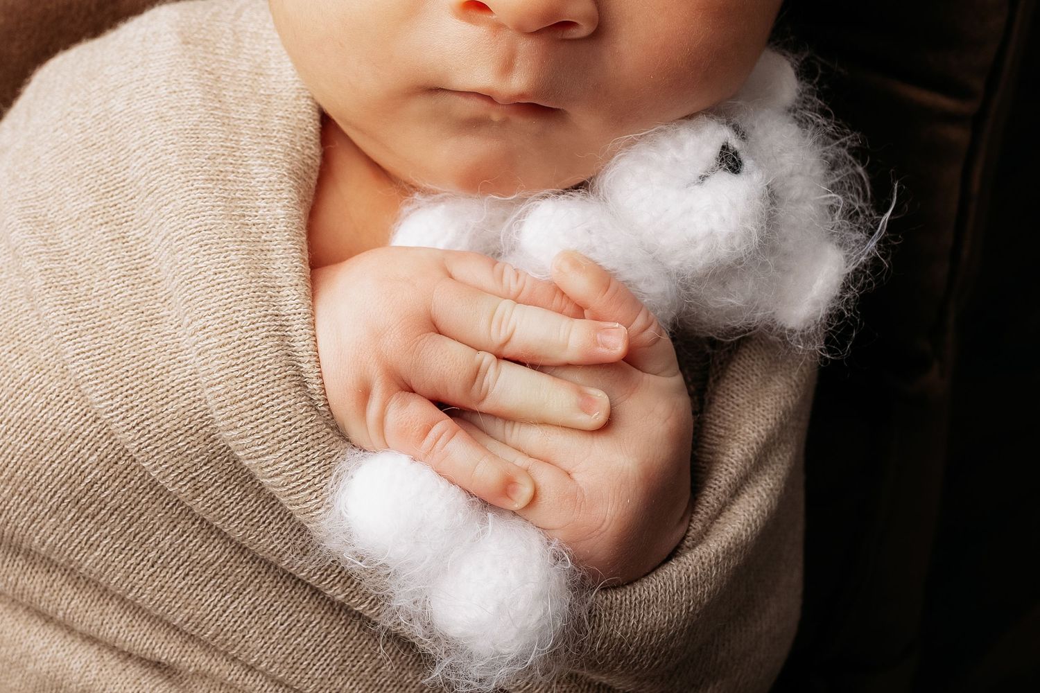 Newborn baby wrapped in beige swaddle blanket holding a tiny white fluffy teddy bear in small delicate hands.