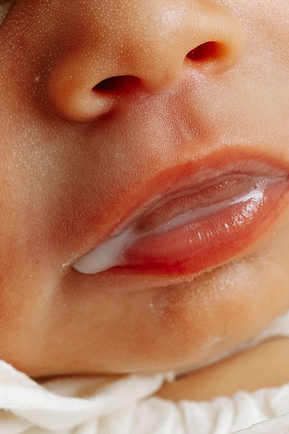 Close-up of a newborn baby's lips and nose with milk residue on their mouth.
