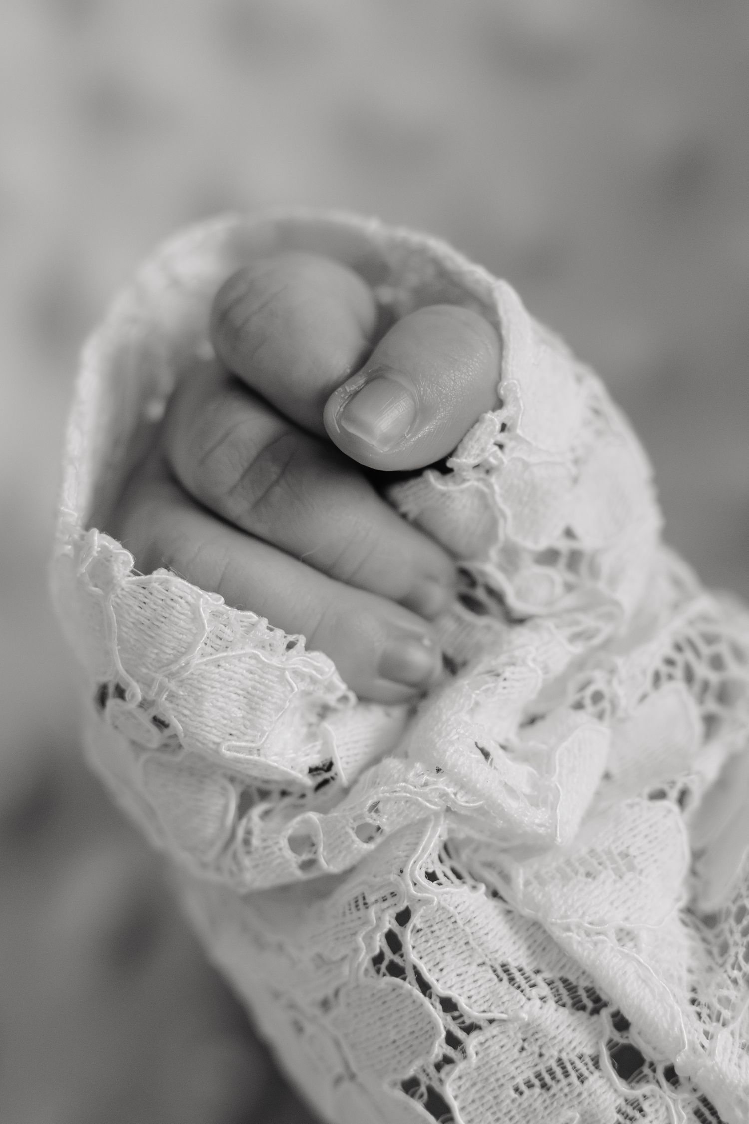 Black and white photo of a newborn baby's tiny fist wrapped in delicate white lace fabric.