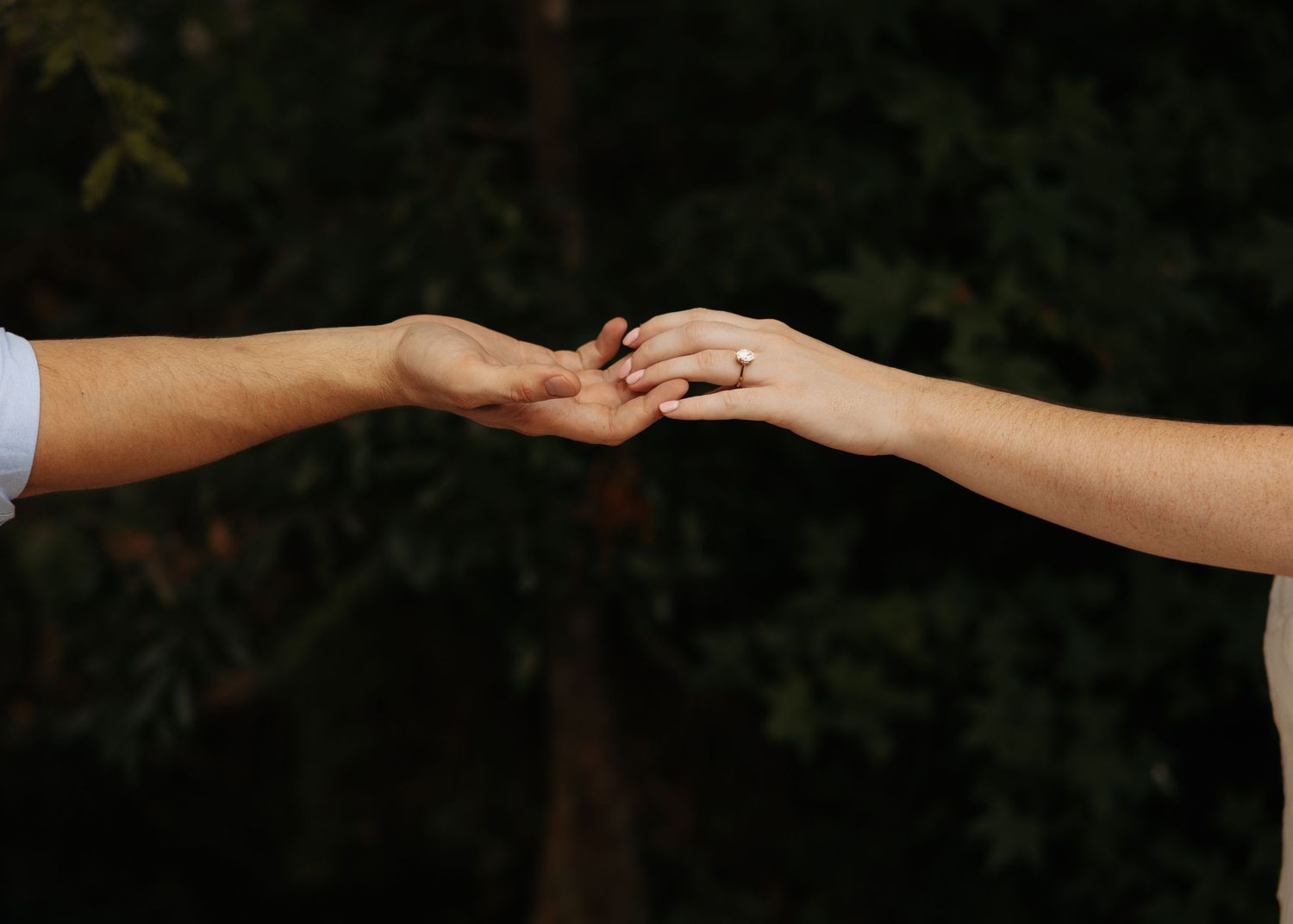 Two hands gently touching, one wearing an engagement ring, set against a blurred green forest background.