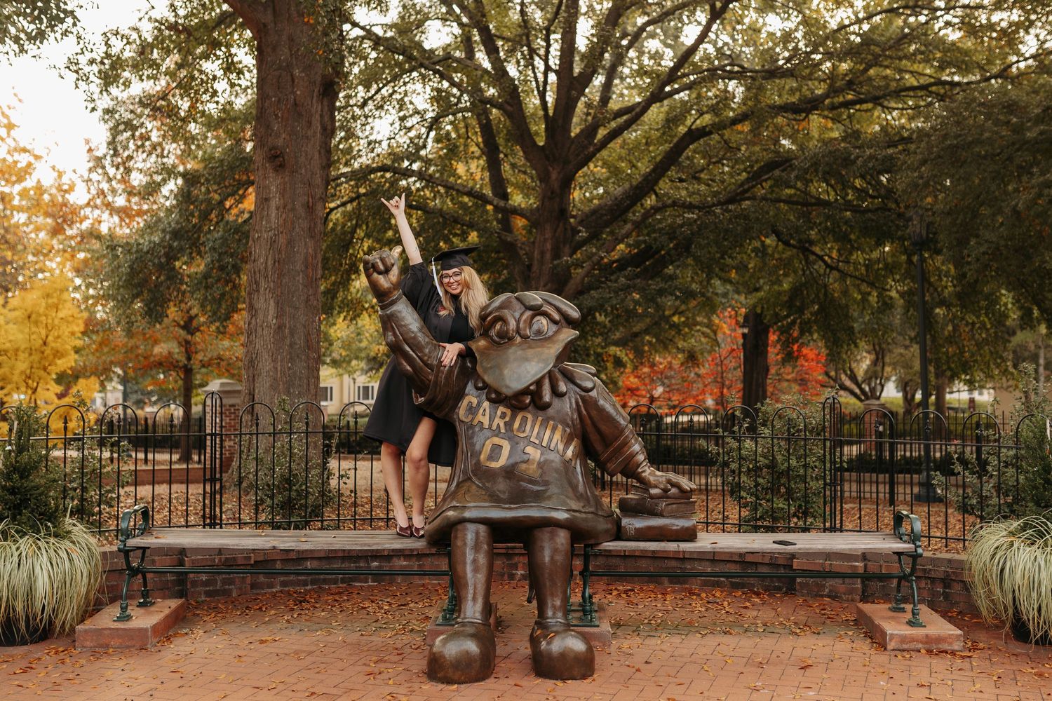 Graduate poses with Carolina mascot bronze statue on a bench surrounded by autumn trees on a university campus.