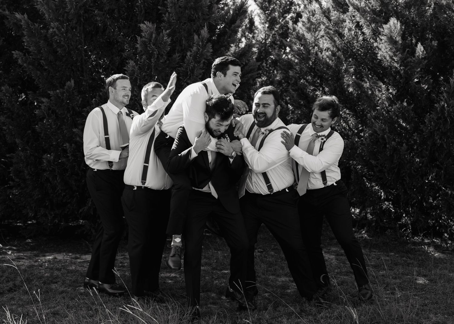 Black and white photo of groomsmen playfully lifting the groom outdoors near lush green trees.