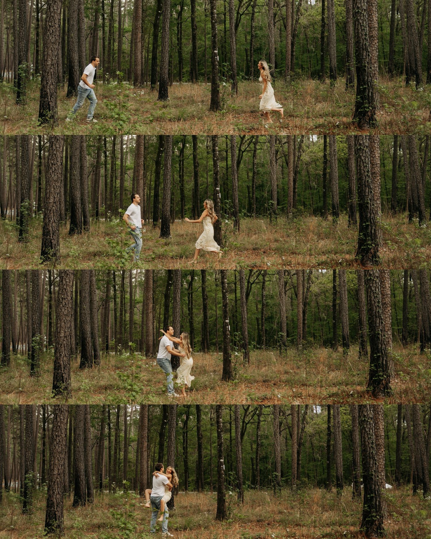 Couple dancing and embracing in a pine forest, captured in a four-photo sequence showing their romantic outdoor engagement session.