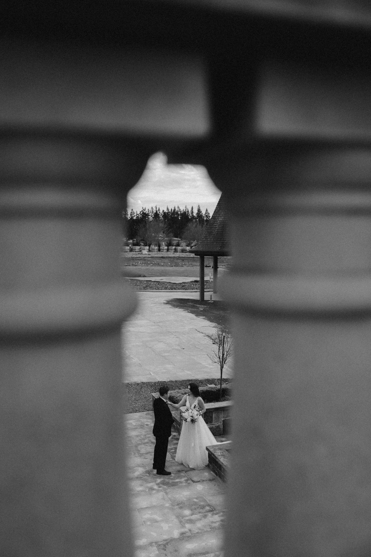 A black and white wedding photo framed through a window showing a snowy winter scene.