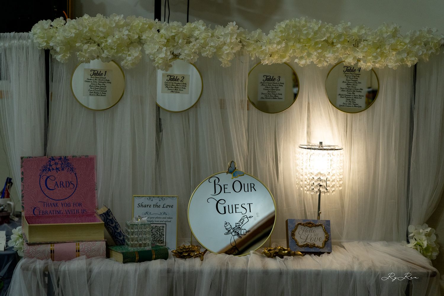 Beauty and the Beast themed decor with 'Be Our Guest' sign and floral garland.