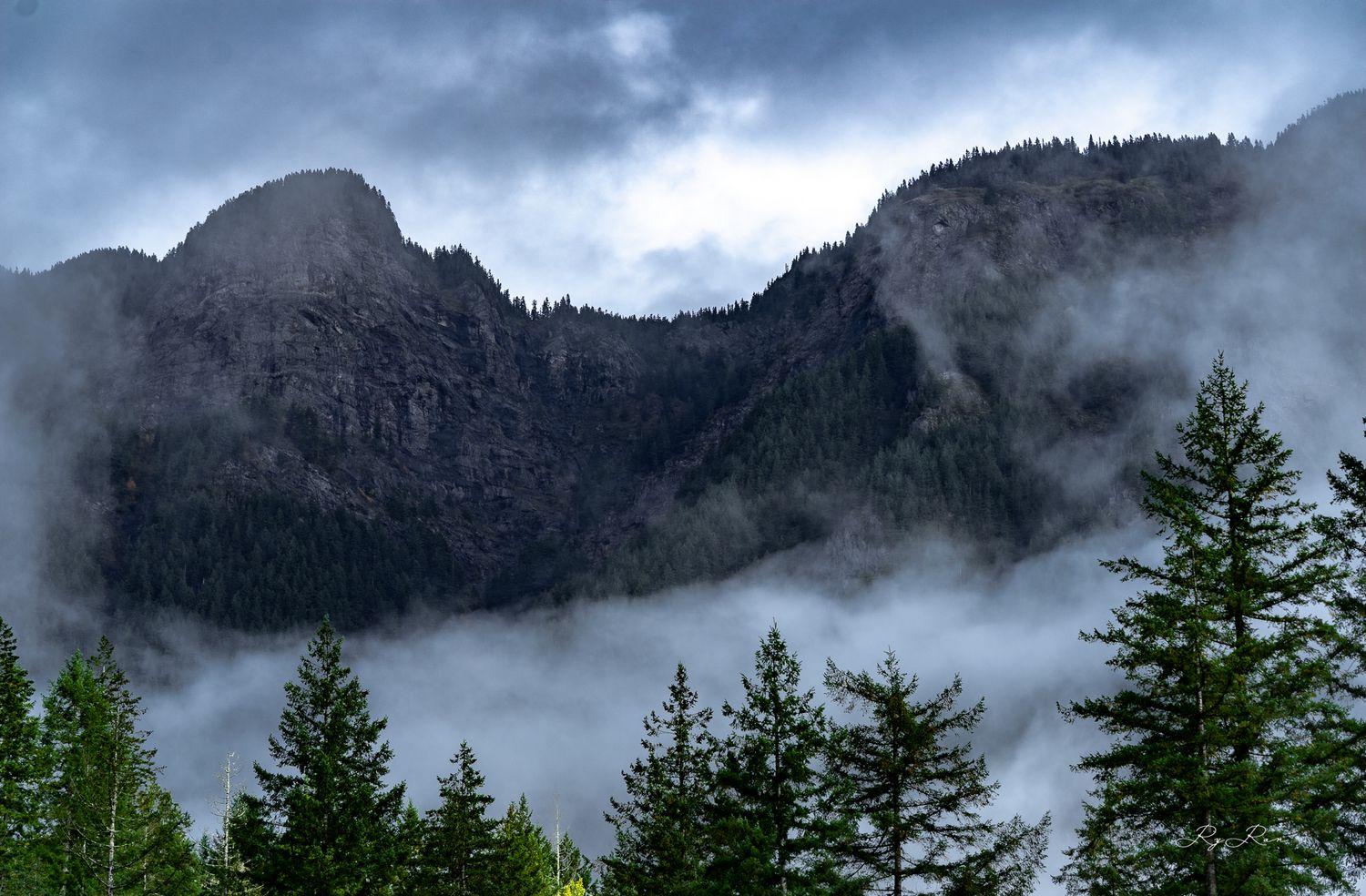Misty mountain peaks and evergreen trees create dramatic landscape under stormy skies.