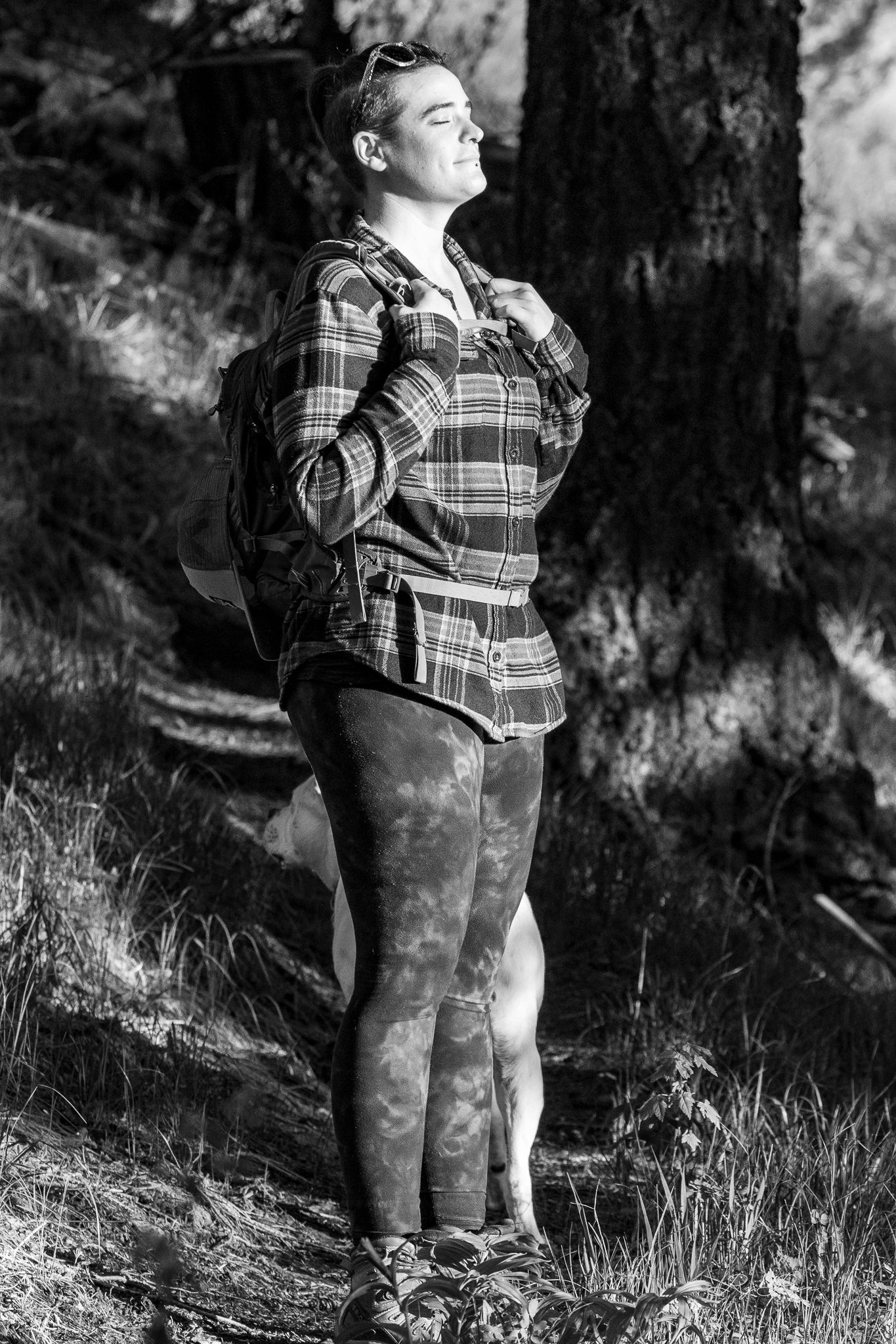 Hiker in plaid shirt standing on forest trail in black and white.