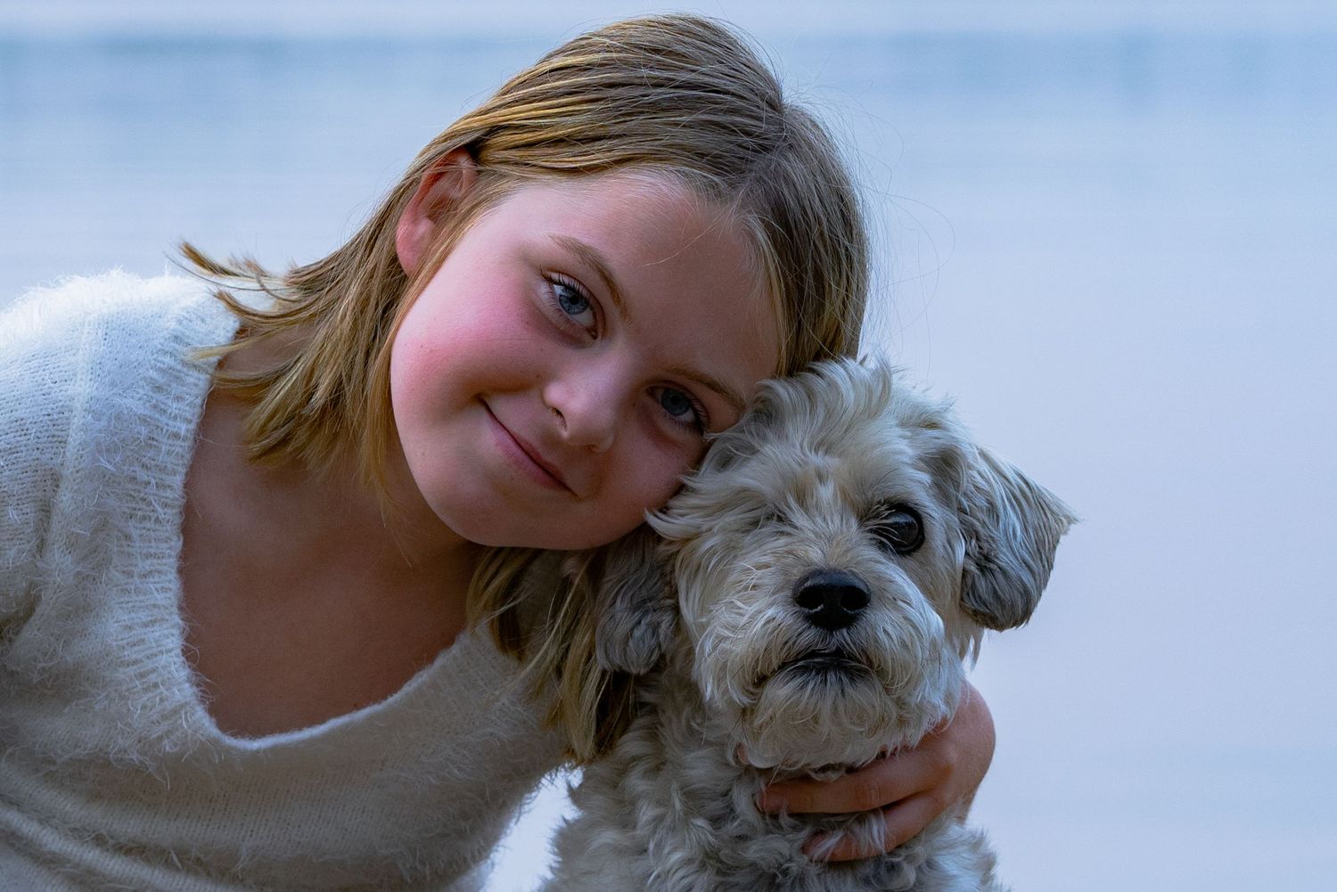 A sweet moment showing companionship between a young person and their small scruffy dog.