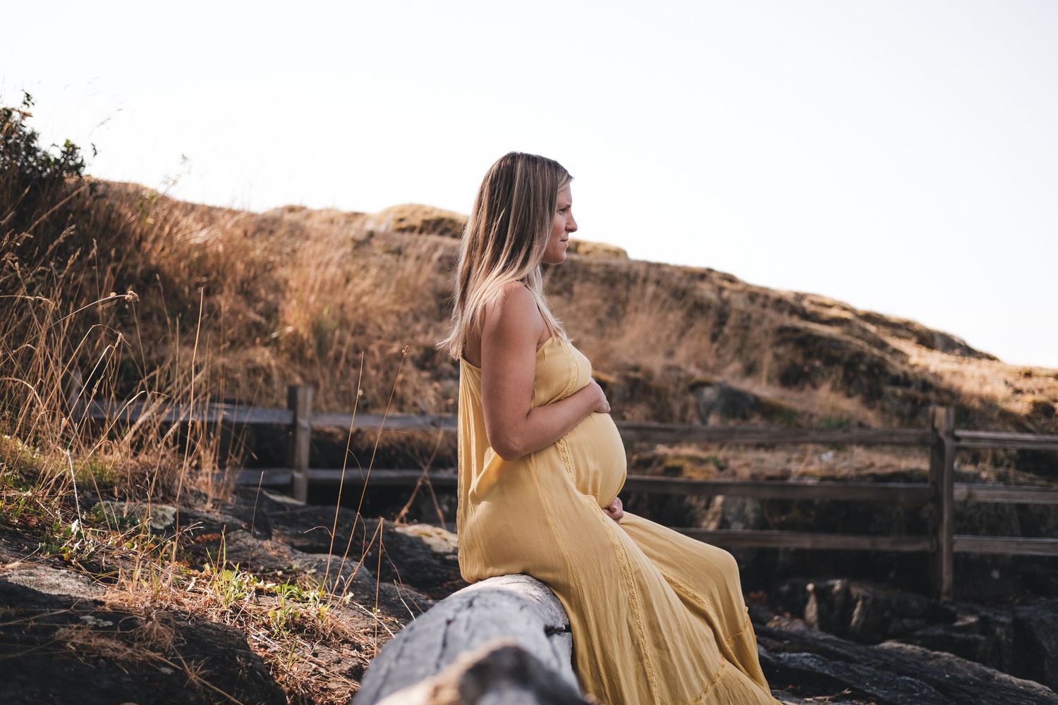 A woman in a flowing yellow dress stands at sunset against a rustic wooden fence in a rural setting.