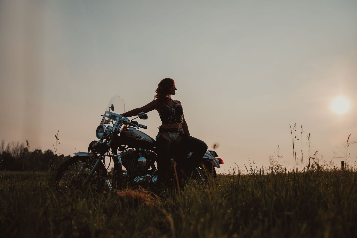 A silhouetted motorcycle rider sits on a parked cruiser bike in a grassy field during sunset.