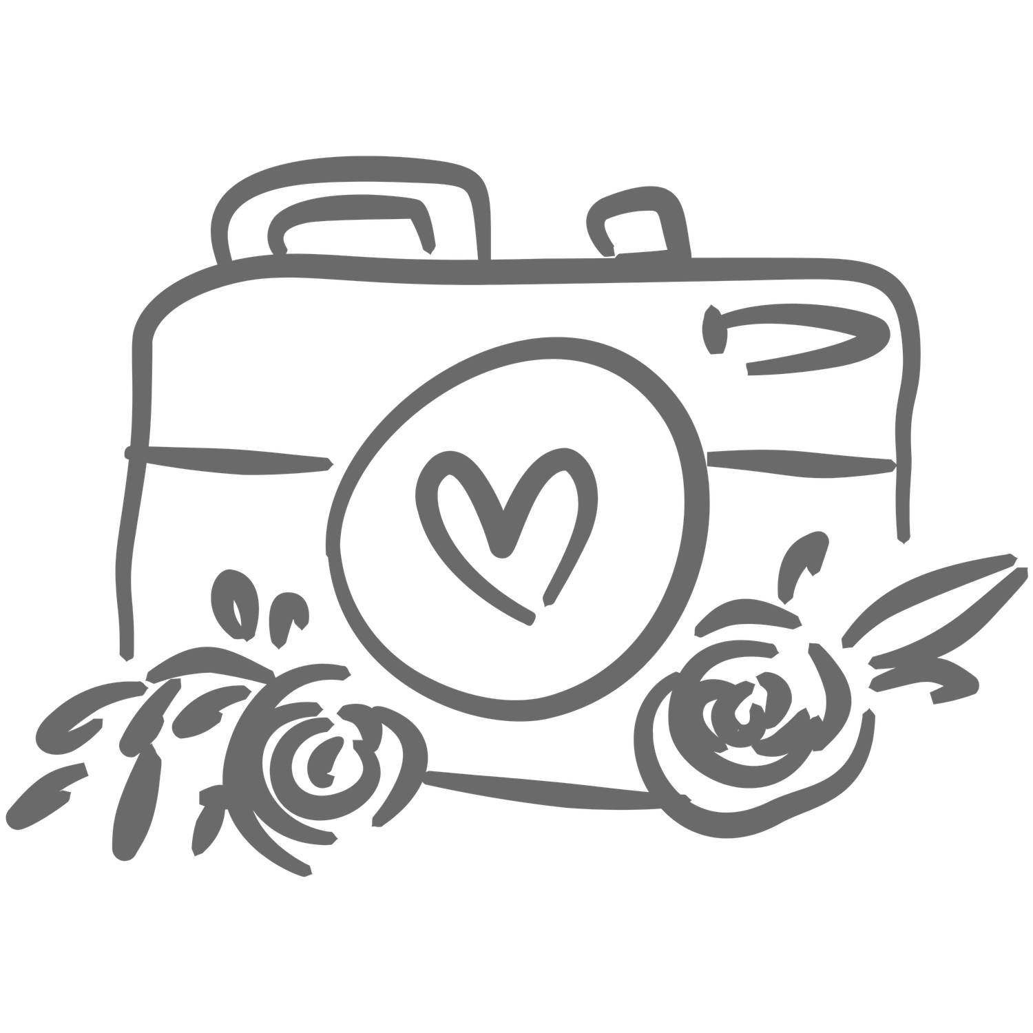 Hand-drawn illustration of a vintage camera with a heart emblem and decorative floral elements in a simple sketch style.