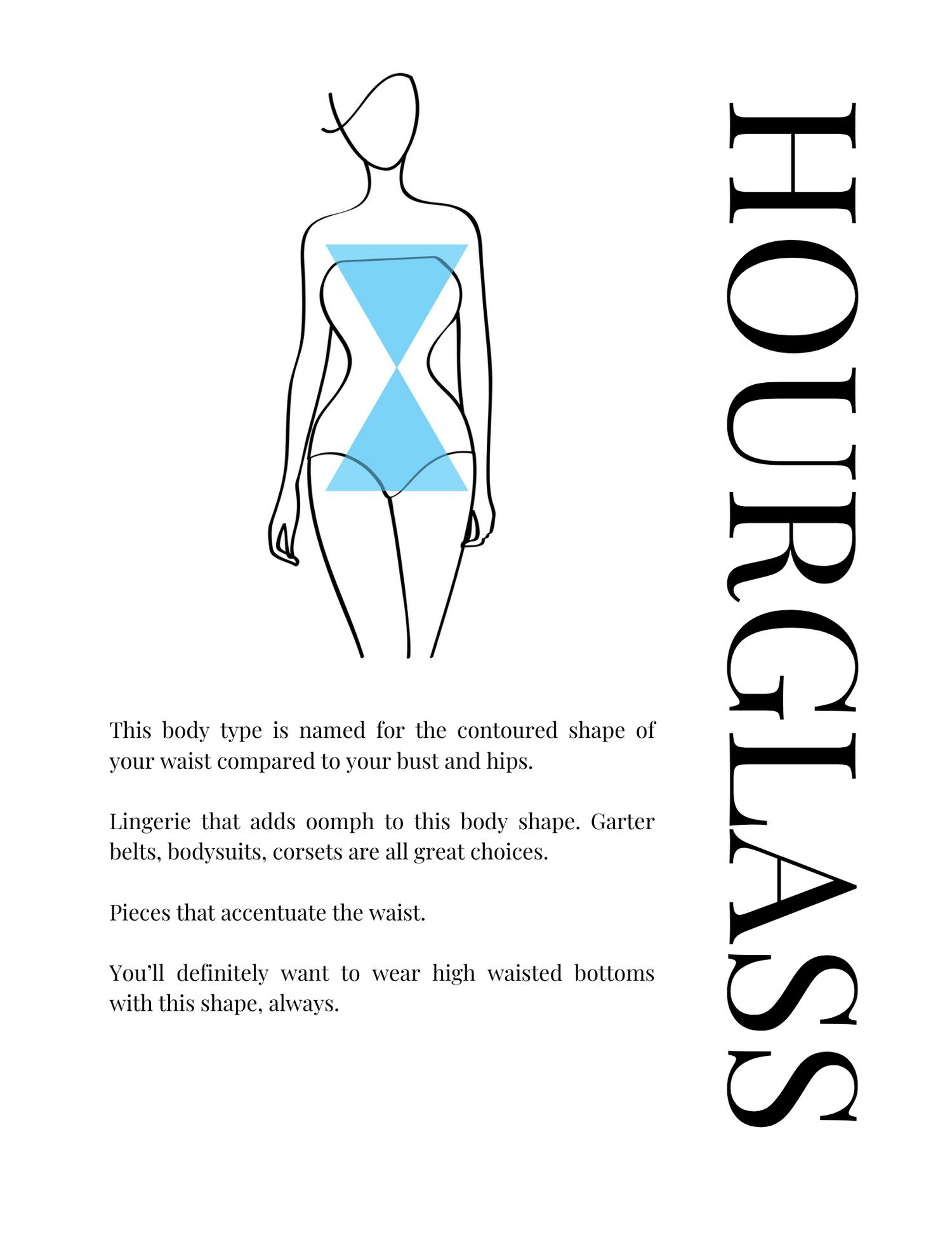 Minimalist fashion illustration of an hourglass body type with styling tips for lingerie and clothing fit.