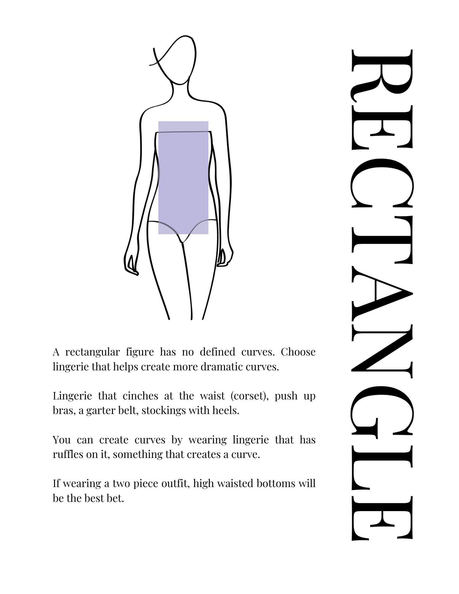Fashion illustration showing a silhouette in a lavender one-piece swimsuit with text about rectangle body shapes.
