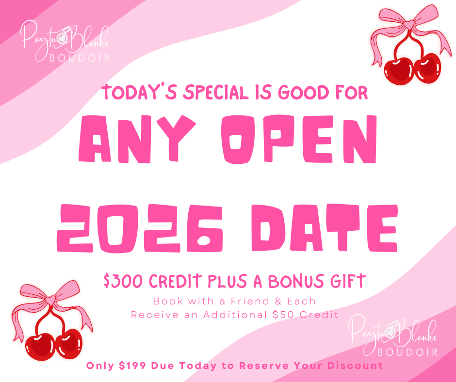 Pink promotional banner advertising a special credit offer with cherry decorations and text about reserving a future date.
