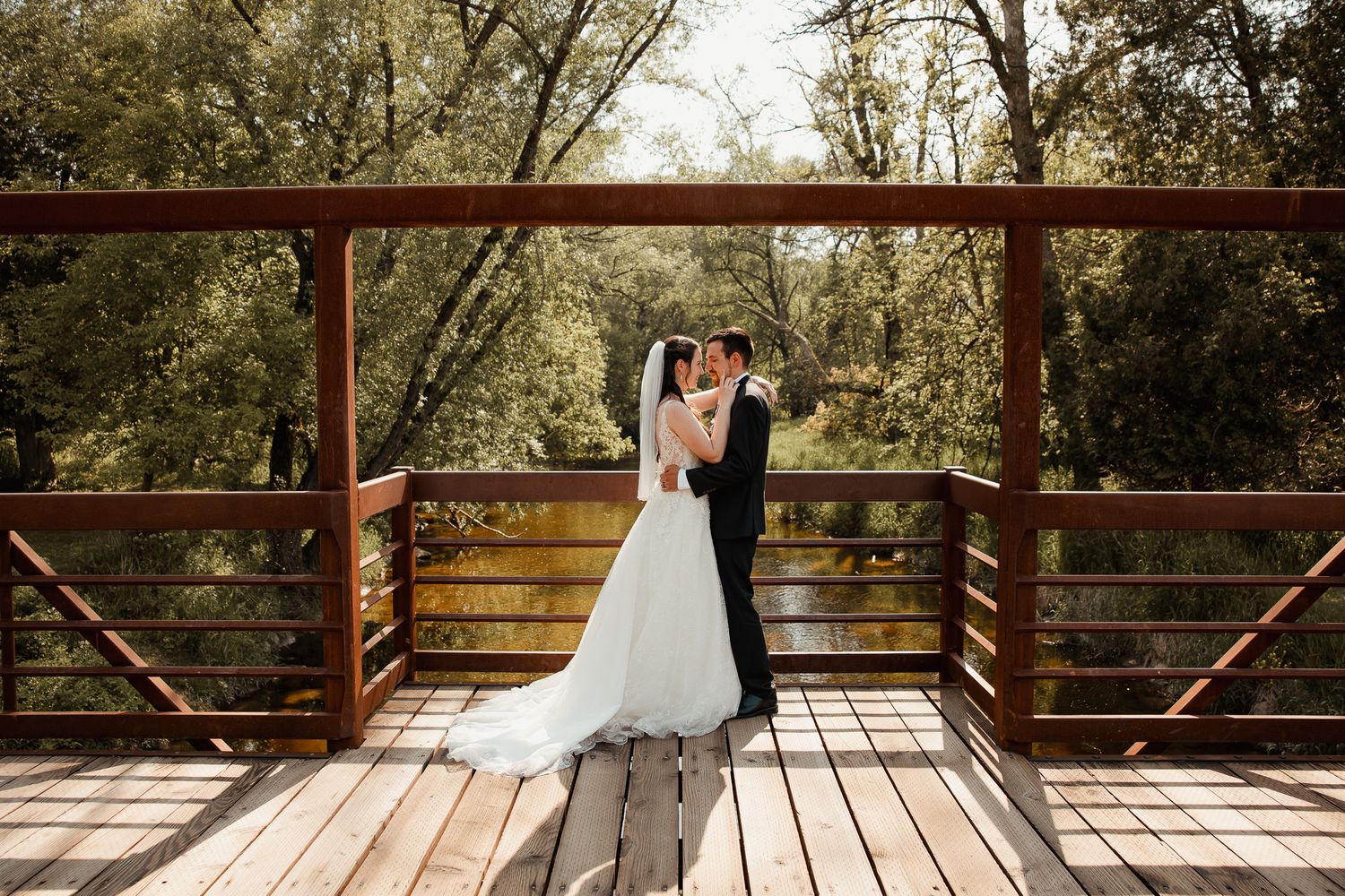 Wedding ceremony moments captured in sequence on a rustic wooden deck surrounded by lush greenery.