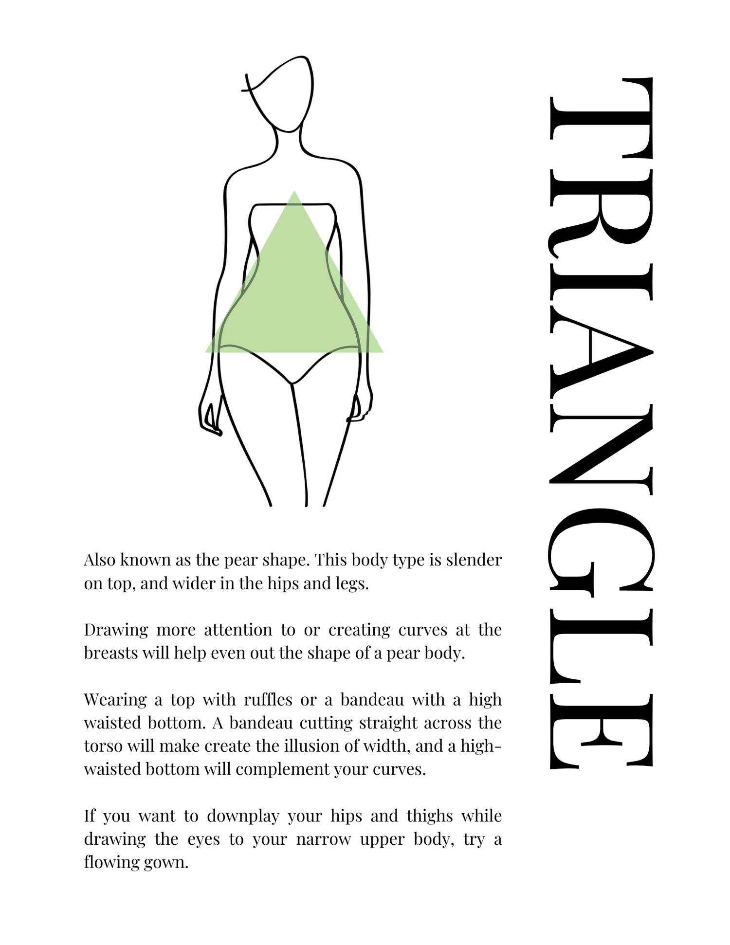 Fashion illustration showing a pear-shaped body type silhouette in a green top with styling tips for flattering proportions.