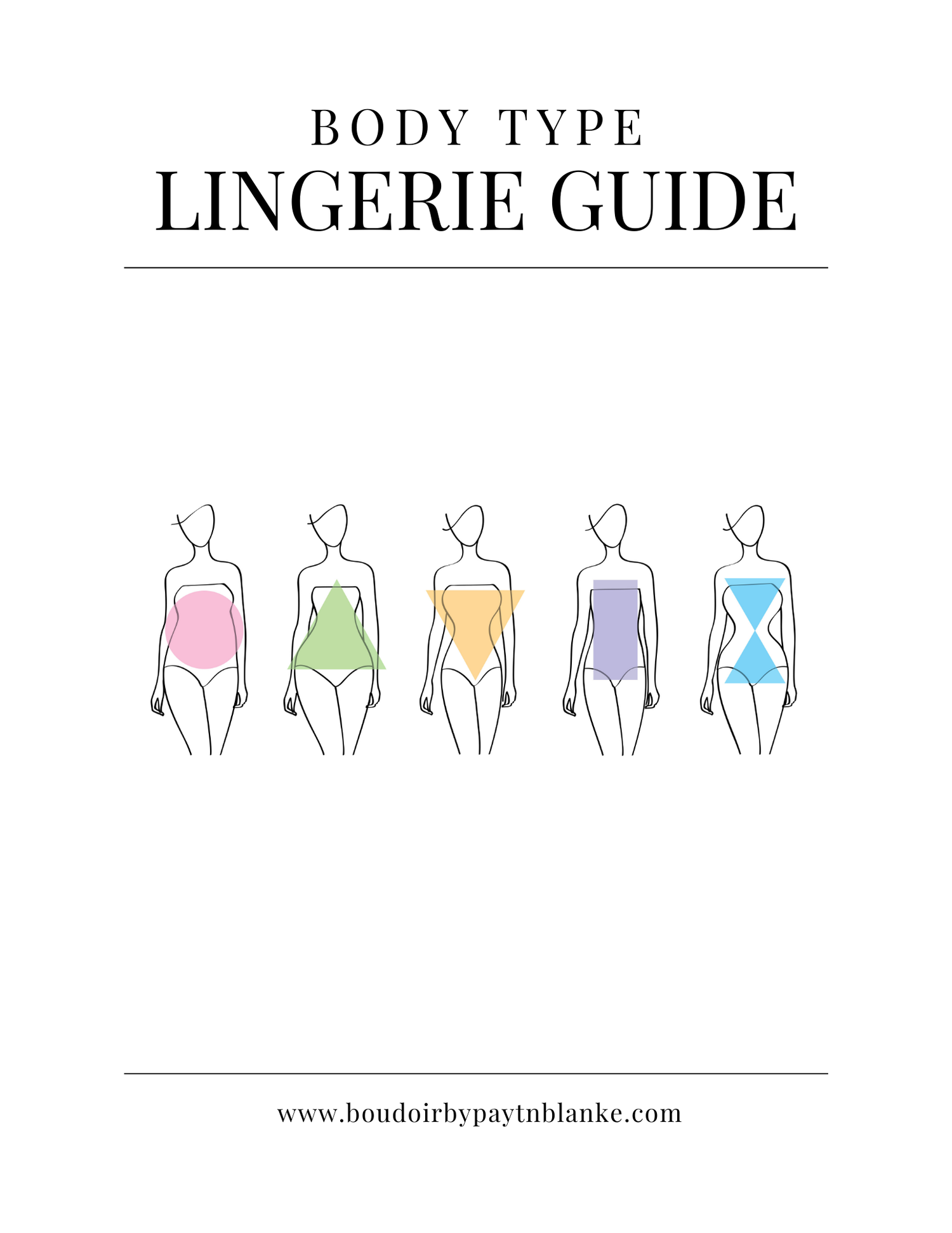 A minimalist lingerie guide showing five female body silhouettes in different colors with fitting undergarments.