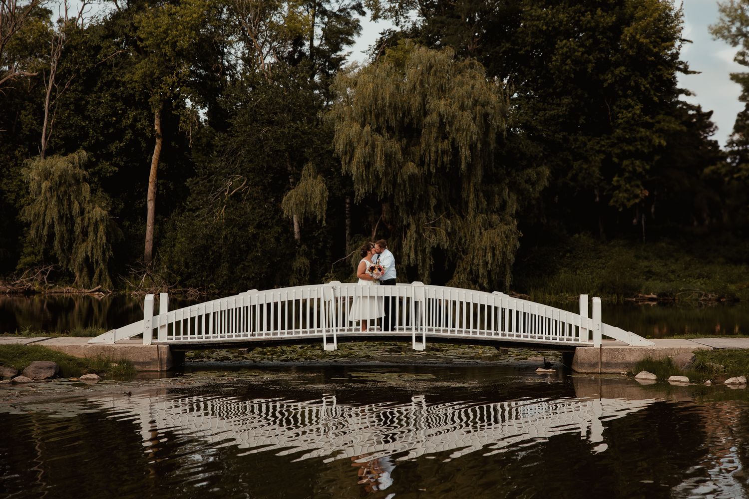 A white wooden bridge over a pond reflects beautifully in still water surrounded by weeping willows and trees.