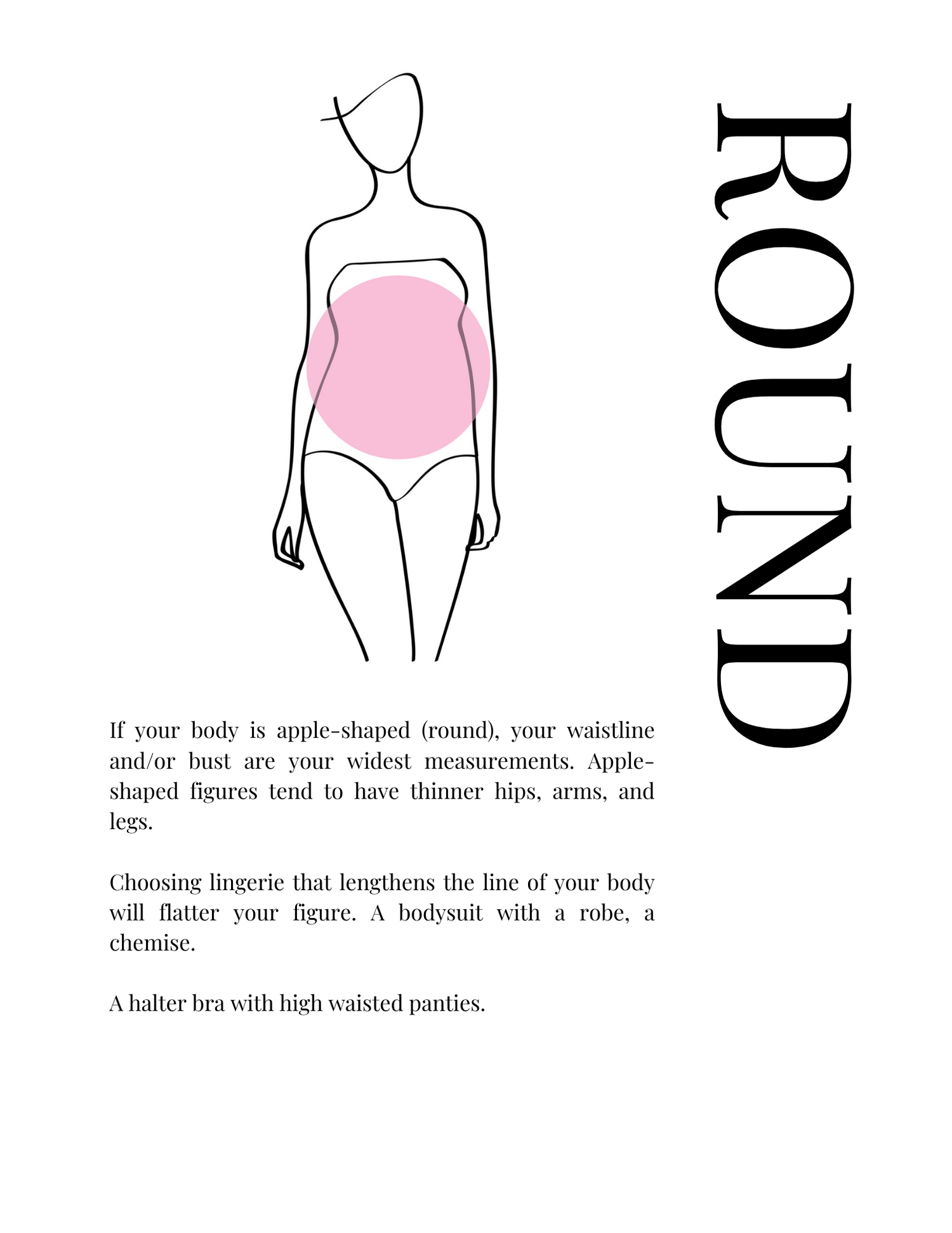 Minimalist fashion illustration showing an apple or round body shape silhouette wearing a pink bodysuit.