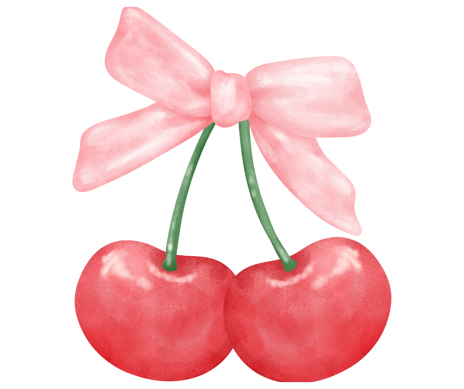 Four similar illustrations of pink cherry designs with bows arranged in a horizontal row.