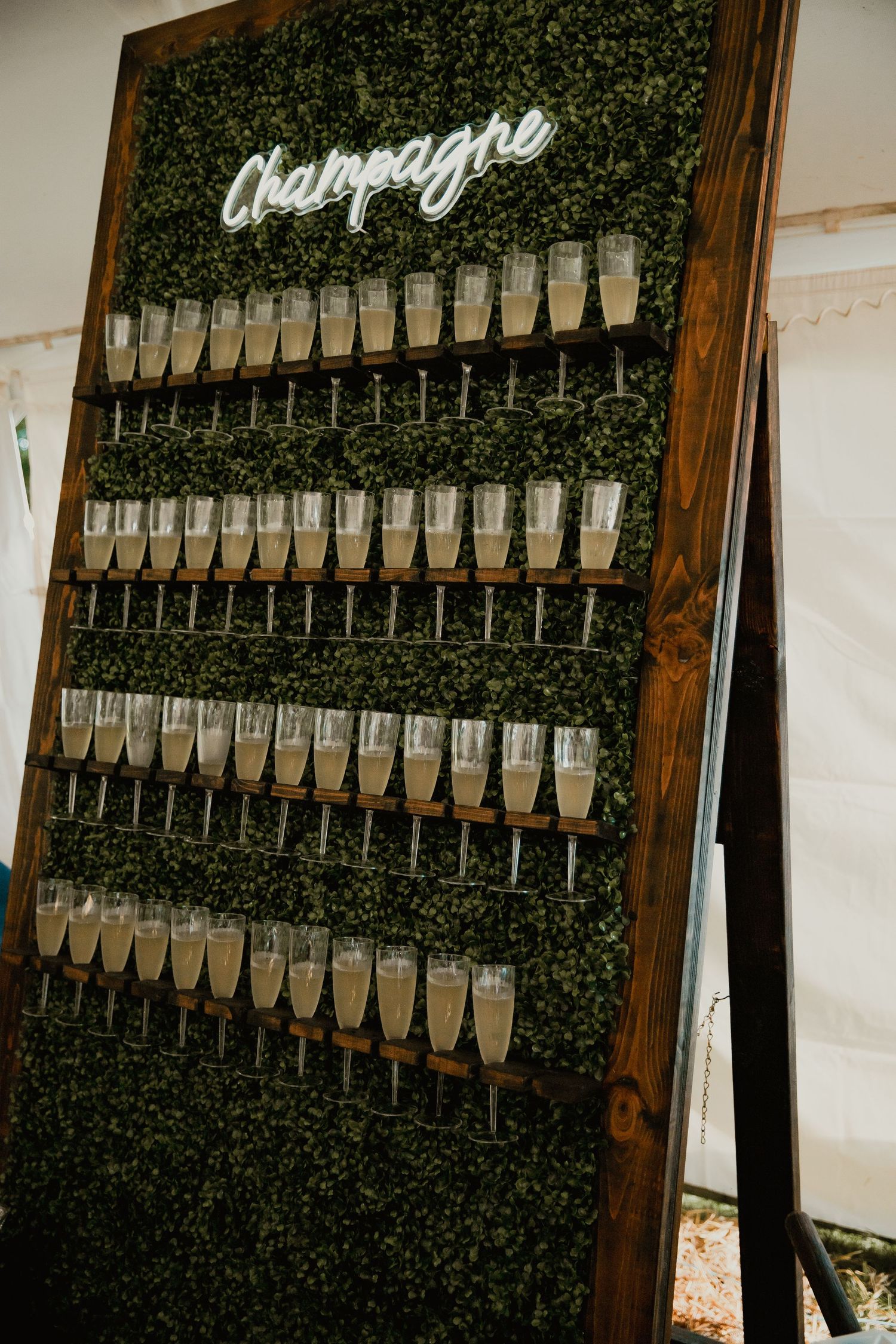 A wooden wall display with champagne neon sign features rows of champagne flutes arranged on a green hedge backdrop.