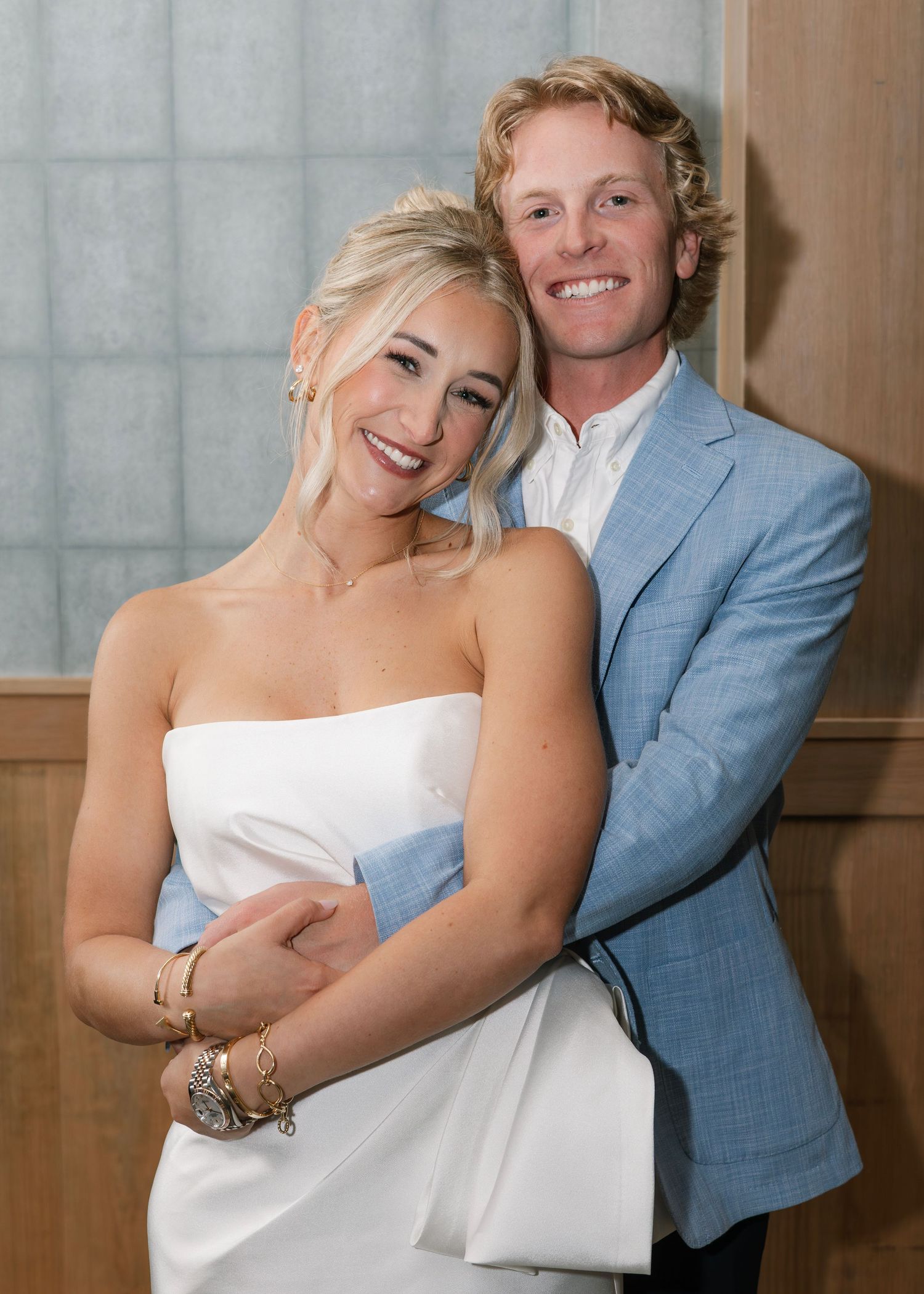 Couple in formal attire sharing playful candid moments in sequence of wedding photos.