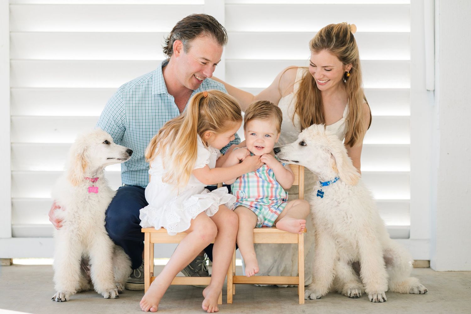 Happy family with two young children and two white fluffy dogs posing together in a bright, cheerful indoor setting.