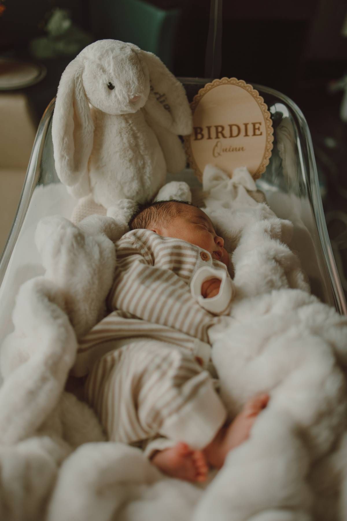 Newborn baby sleeping peacefully in a hospital bassinet during a Fresh 48 photography session.