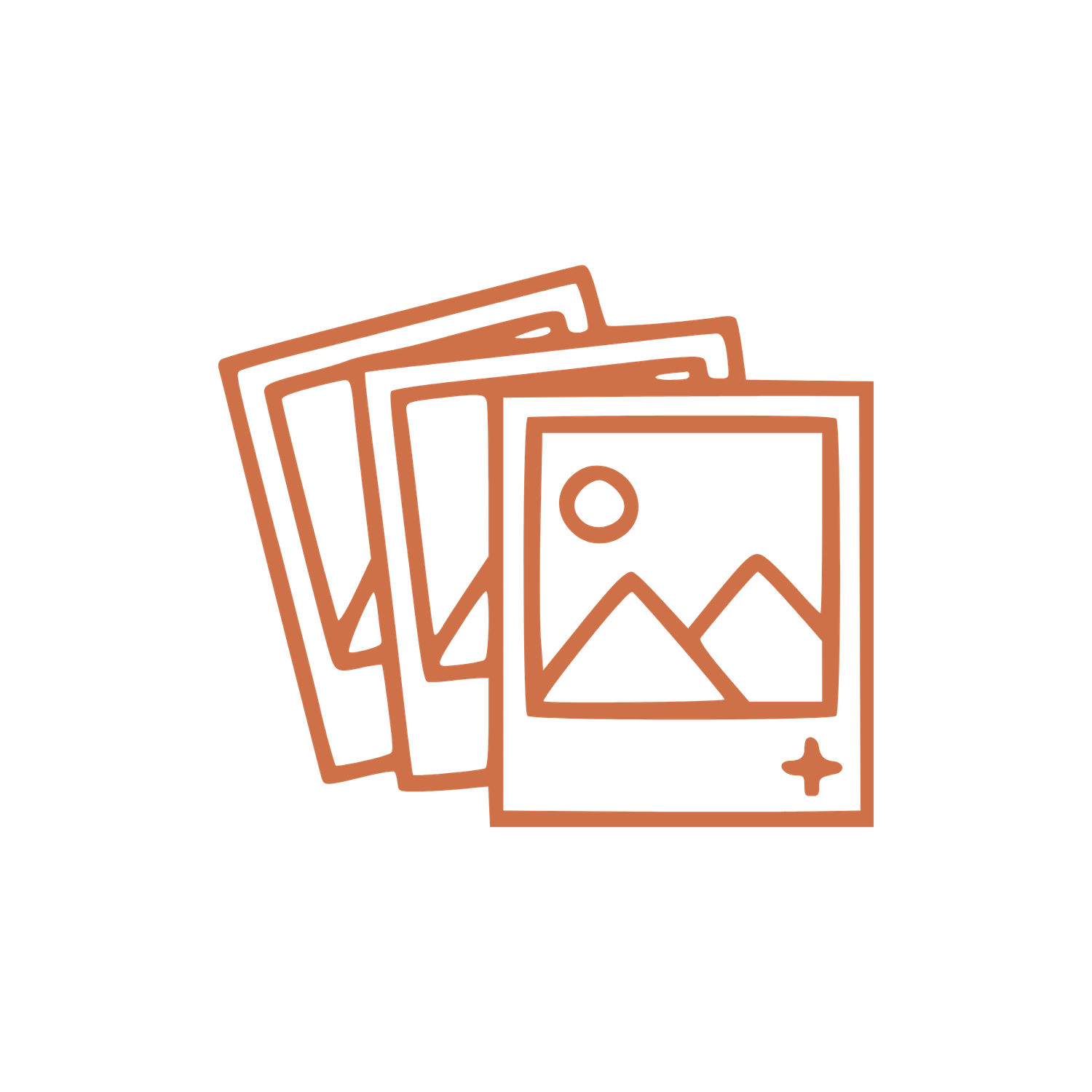 Orange line art icon of stacked photo prints with a landscape image symbol and plus sign.
