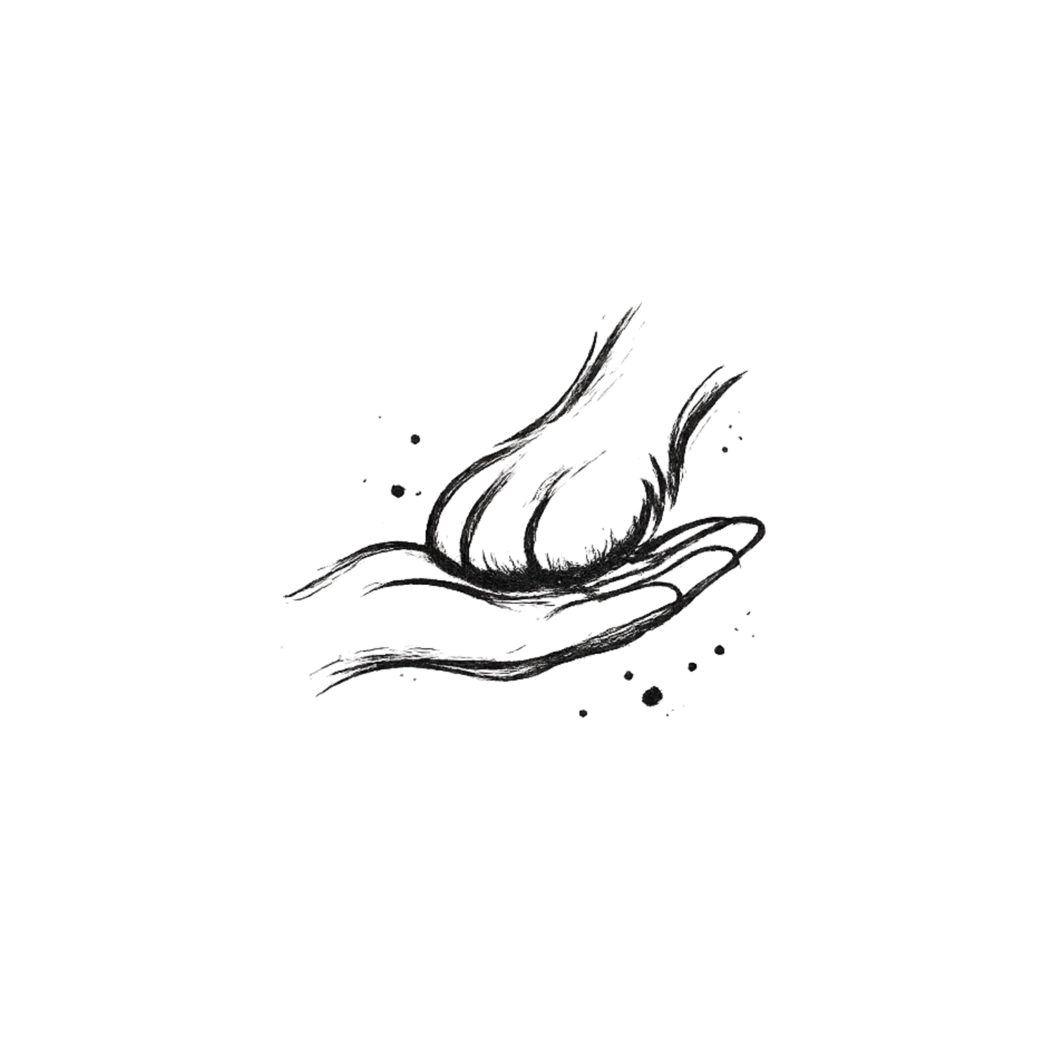 Black and white ink sketch of a human hand gently cradling a soft feather, with small ink splatter dots around it.
