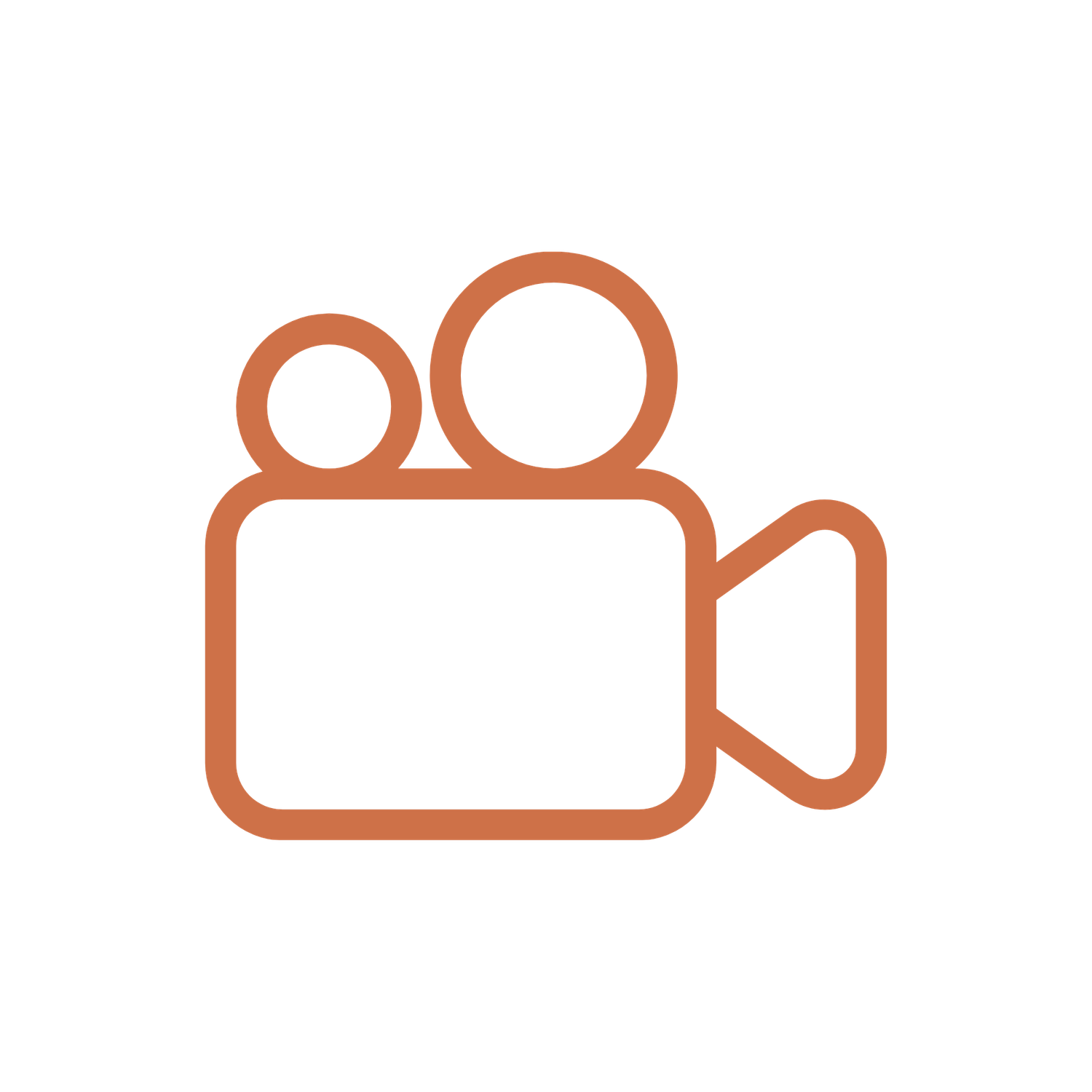 Minimalist terracotta video camera icon with circular lens and viewfinder on white background.