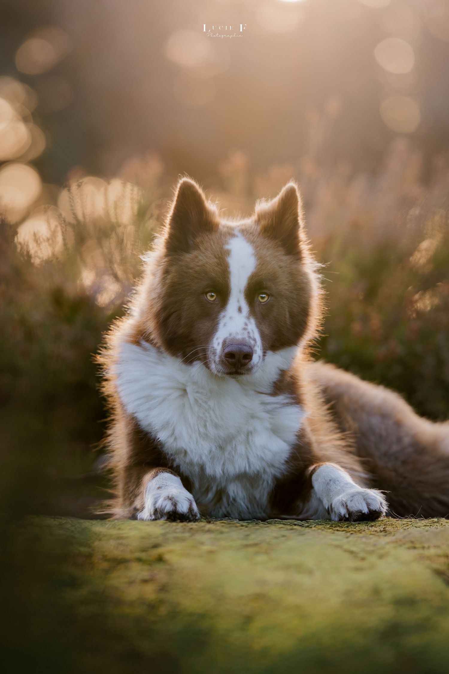 A fluffy brown and white Border Collie with green eyes rests outdoors in golden bokeh light.