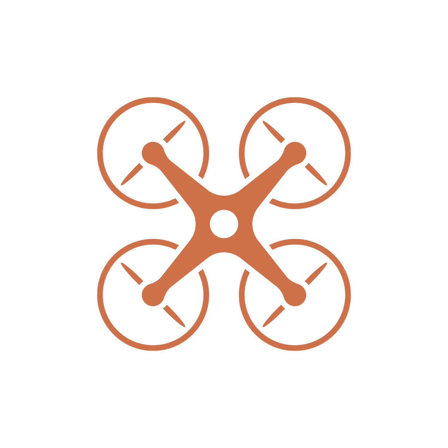 Orange drone icon with four rotors and propeller blades, minimalist line art design on white background.