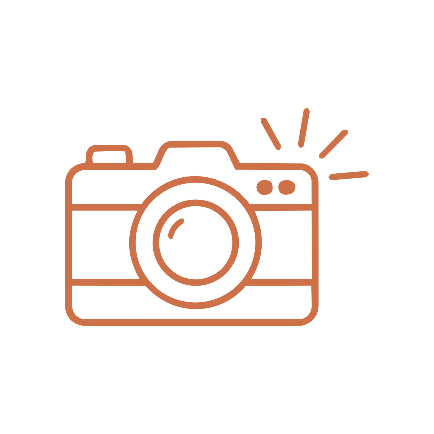 Orange line art icon of a vintage camera with flash rays on a white background.